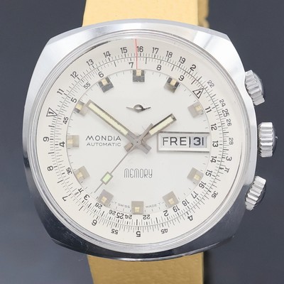 27033169a - MONDIA Memory sehr seltene Armbanduhr mit Rechenschieber und rückseitiger Weltzeit, ...