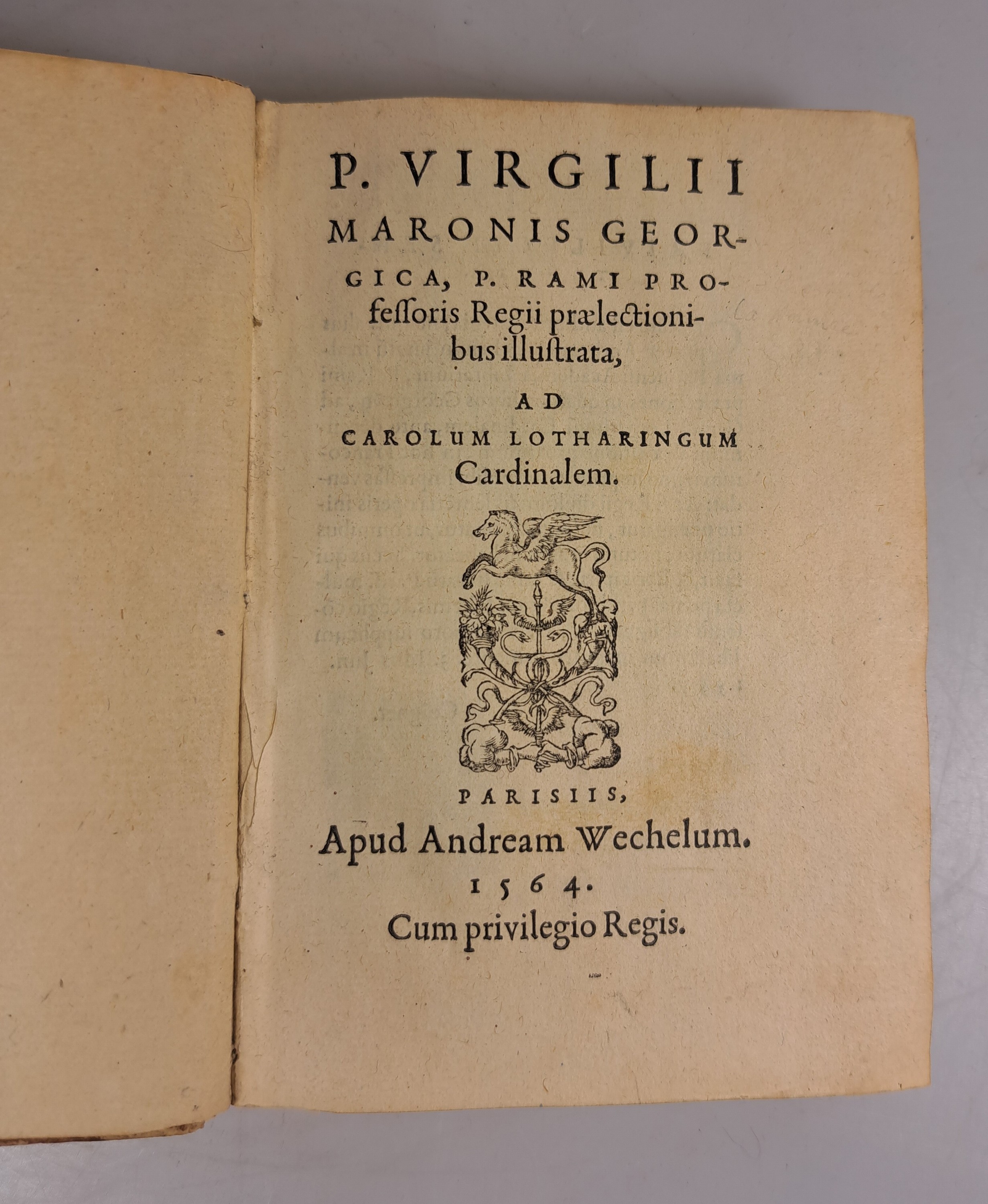 Detail g: Pierre de La Ramee auch Petrus Ramus (1515 -1572): P. Virgilii maronis Georgica, Paris, Andreas Wechel 1564, kl.8°, 208 S., Pb. sekundär ...