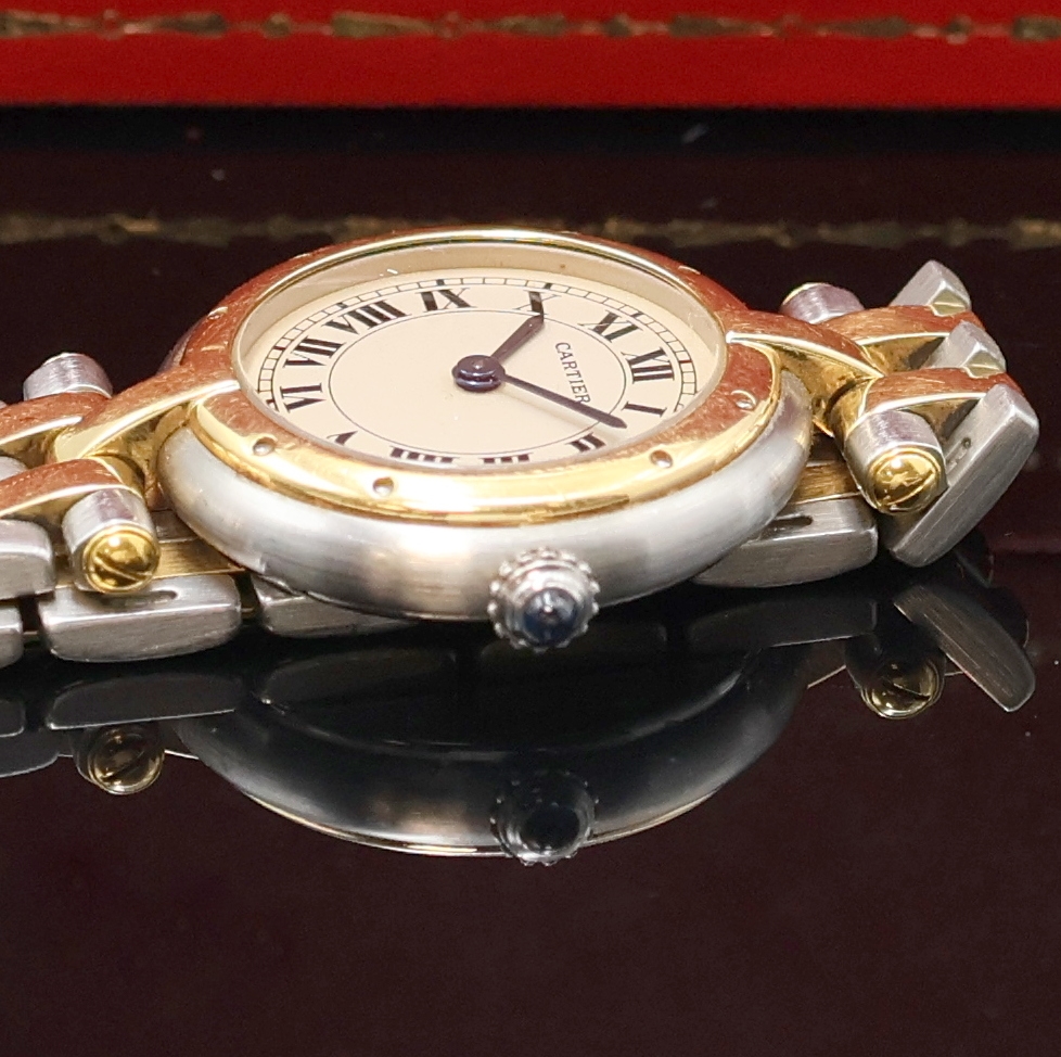 Detail c: CARTIER Panthere Ronde Damenarmbanduhr in Stahl/Gold Referenz 1057920, Schweiz um 1990, quartz, Boden 8-fach verschr., Gliederband m. dopp. ...