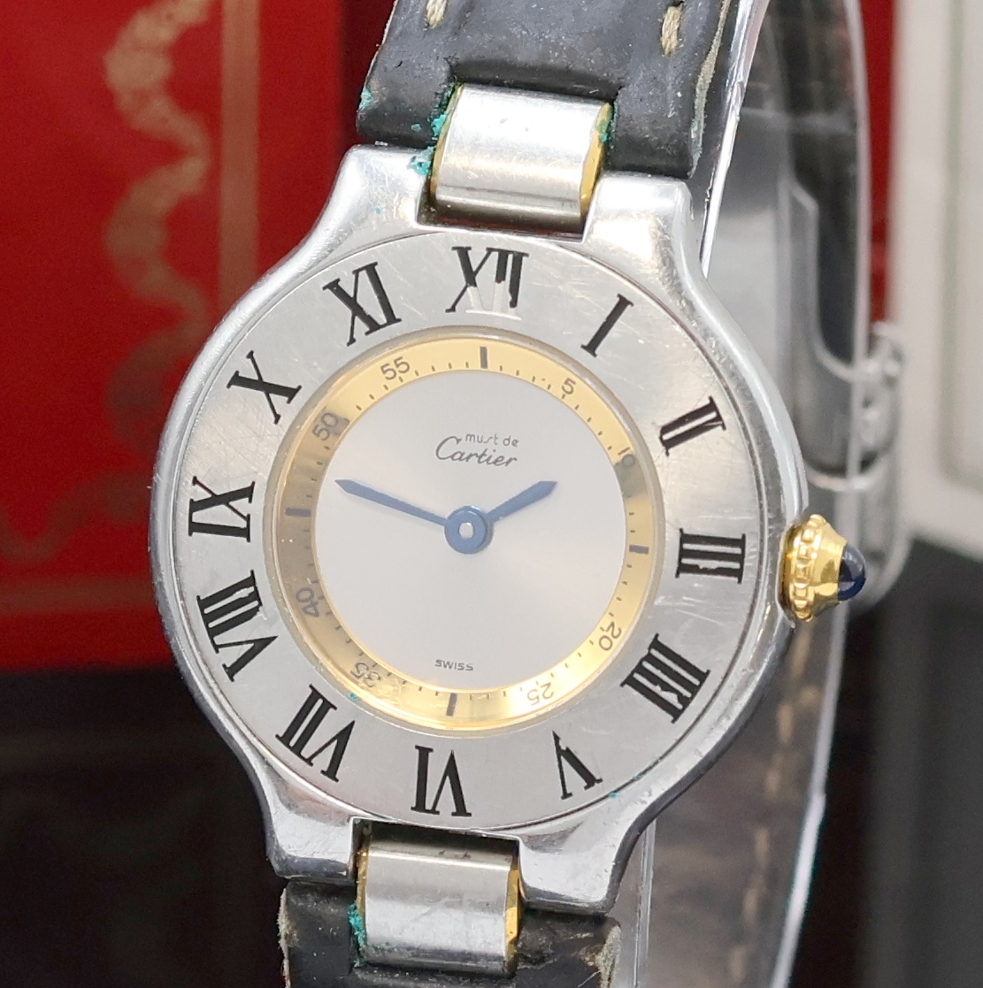 Detail a: CARTIER Linie 21 Armbanduhr Referenz 1340, Schweiz verk. lt. beil. Zertifikat 09/1997, quarz, Stahlgeh., orig. Lederband m. Faltschl., Boden 6-fach ...