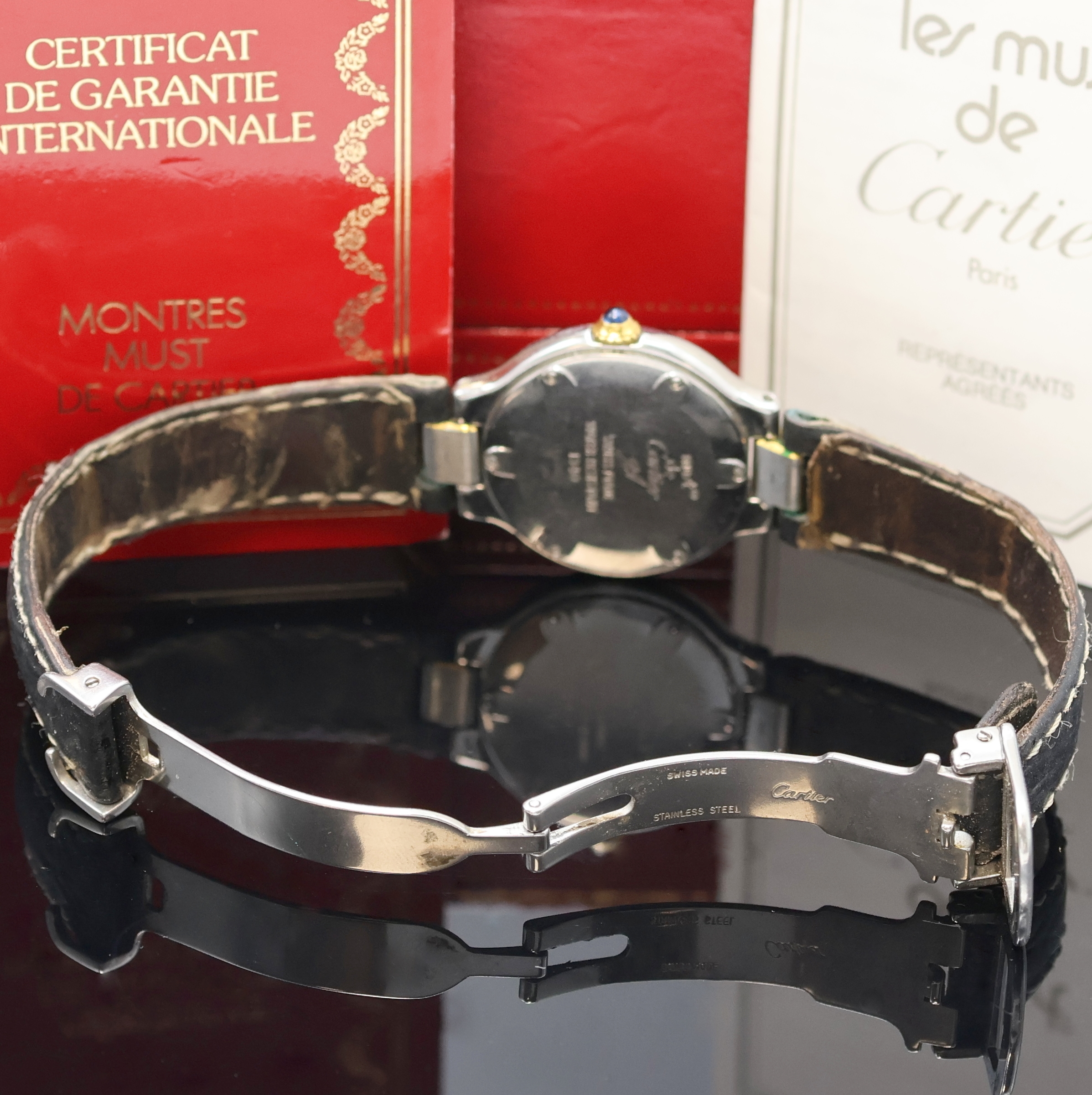 Detail b: CARTIER Linie 21 Armbanduhr Referenz 1340, Schweiz verk. lt. beil. Zertifikat 09/1997, quarz, Stahlgeh., orig. Lederband m. Faltschl., Boden 6-fach ...