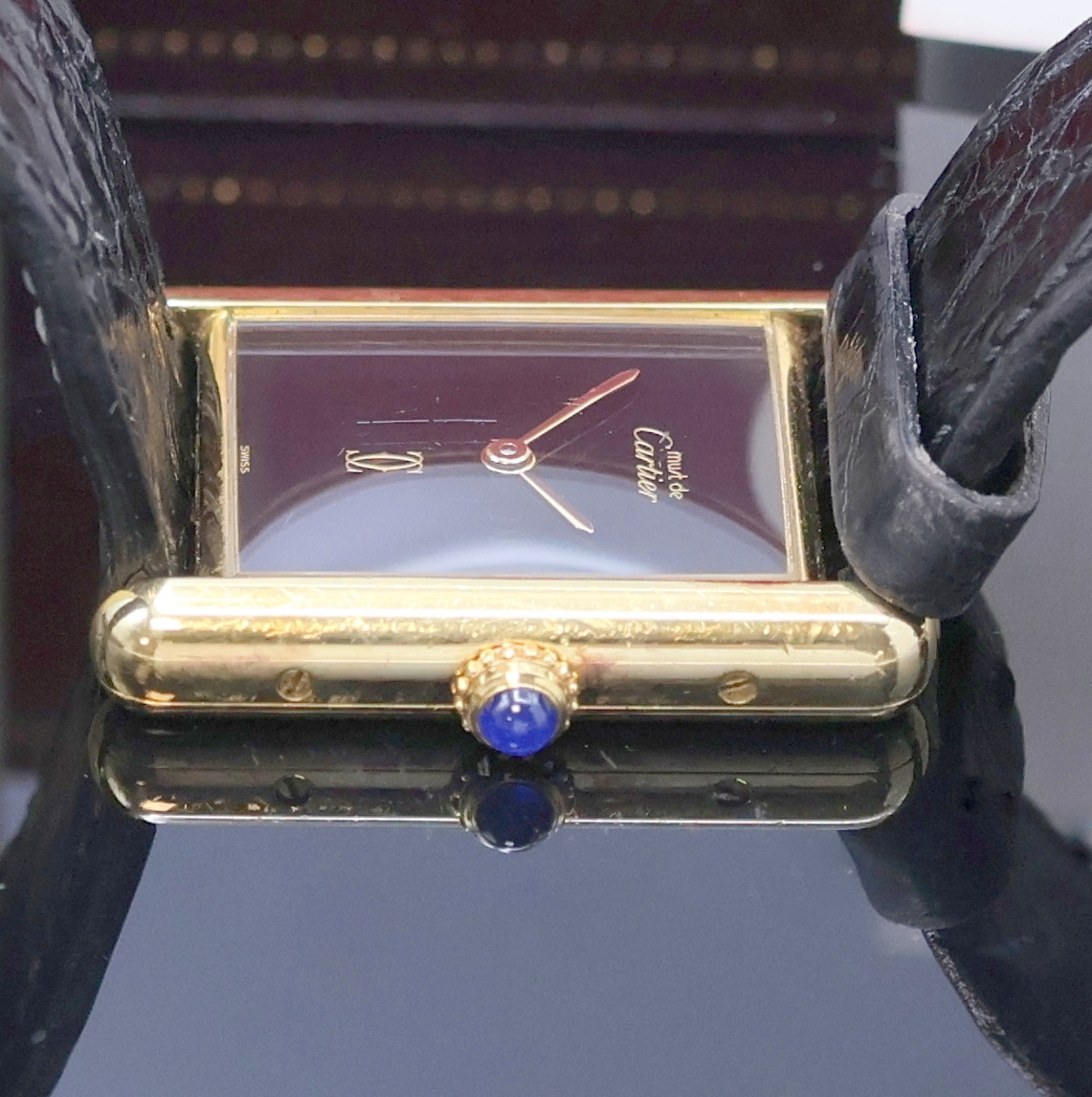 Detail c: CARTIER Paris Tank Damenarmbanduhr in 925er Silber vergoldet Referenz 681006, Schweiz um 1990, quarz, Boden 4-fach verschr., orig. Lederband m. ...