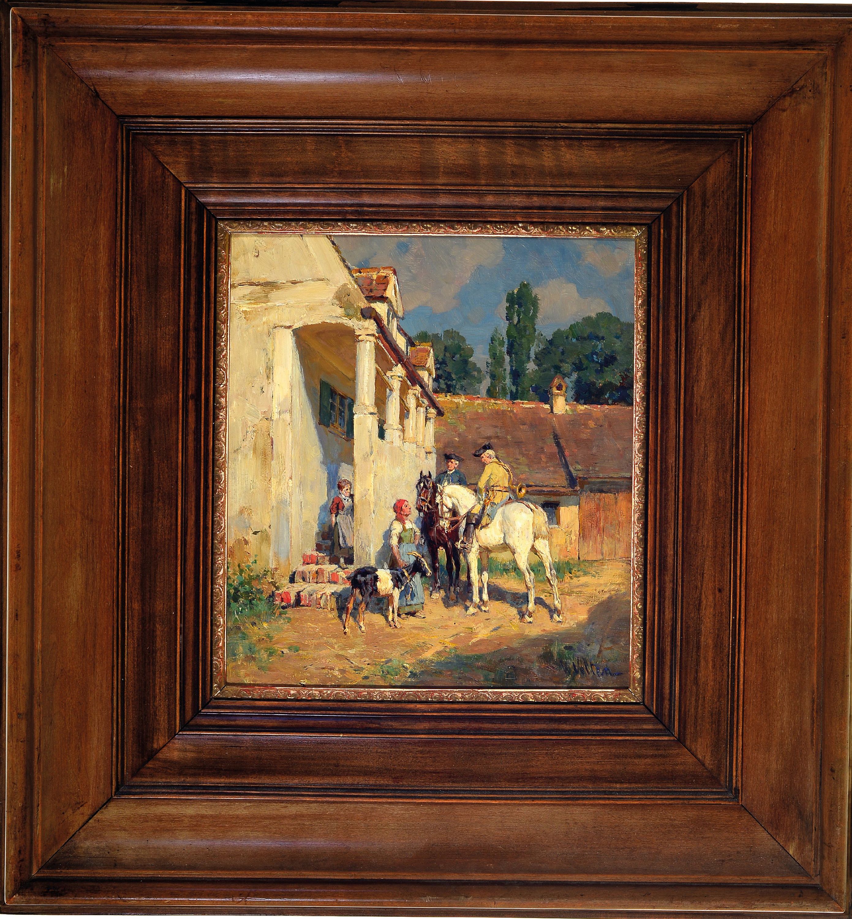 Detail k: Wilhelm Velten, 1847 St. Petersburg-1929 München, zwei Reiter vor der Tür mit zwei jungen Frauen und einer Ziege, Öl/Holz, re. u.sign., ca. ...
