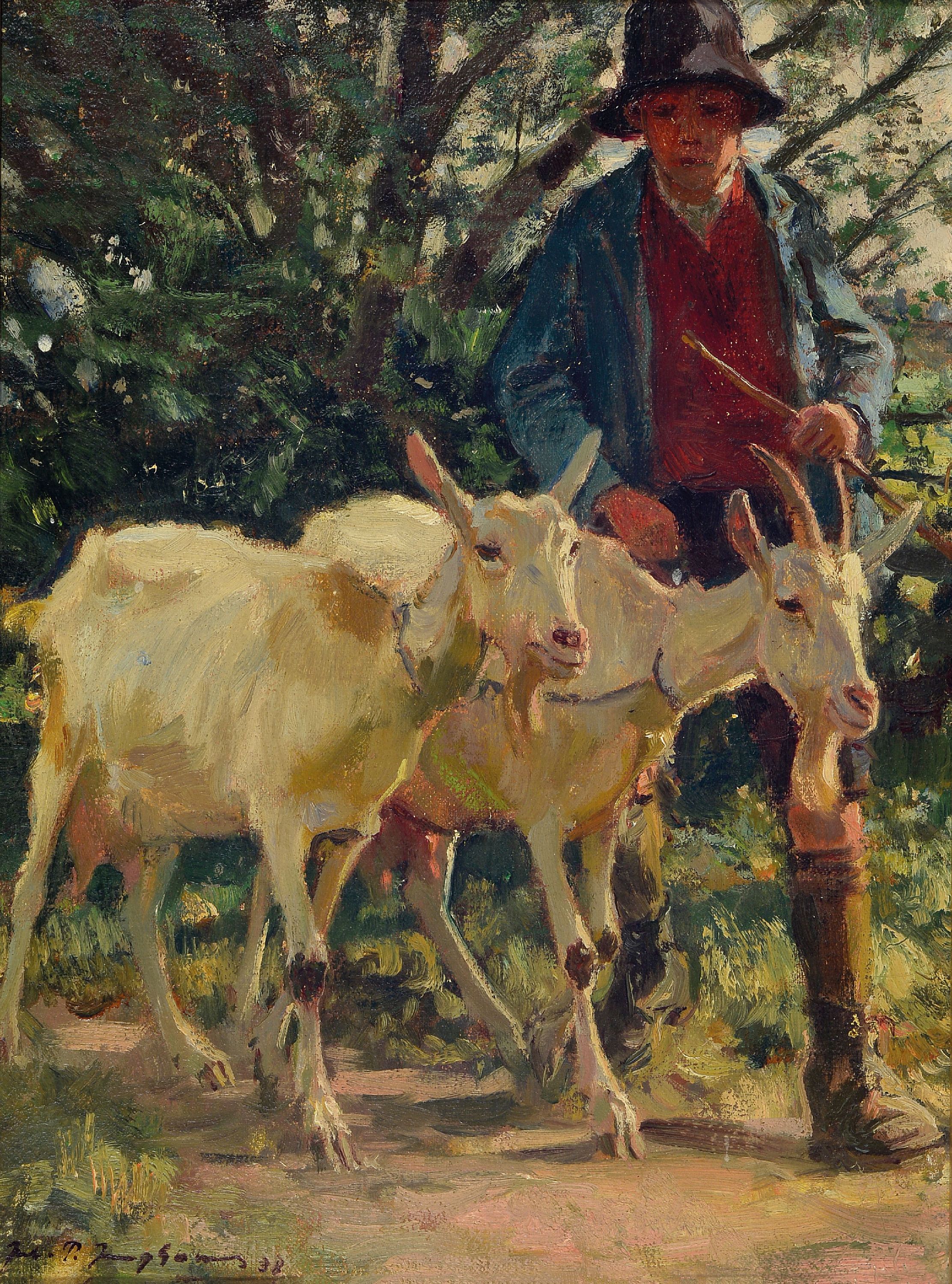 Image 27033458 - Julius Paul Junghanns, 1876 Wien-1953 Düsseldorf, junger Ziegenhirte mit Ziegenpaar, ...