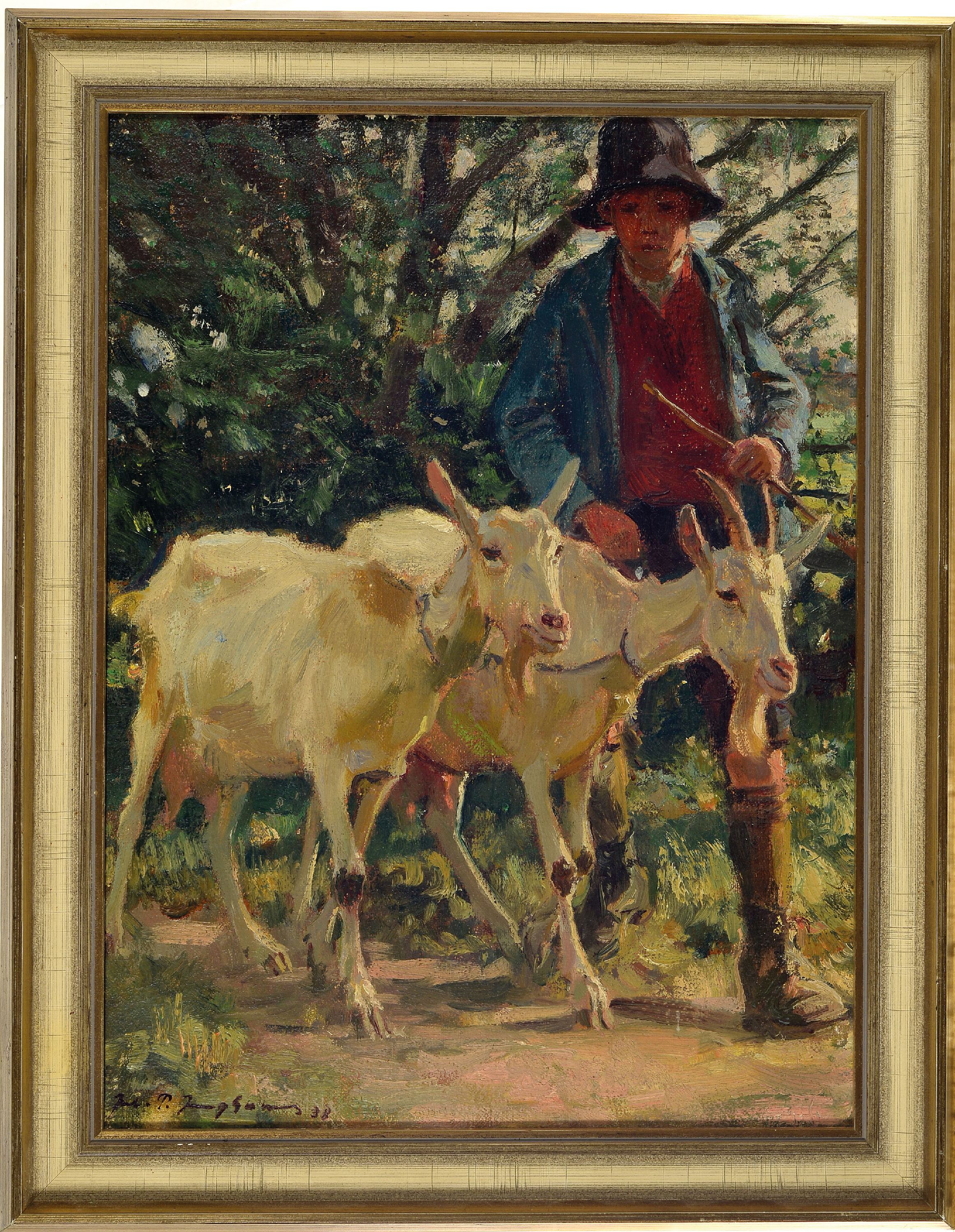 Detail k: Julius Paul Junghanns, 1876 Wien-1953 Düsseldorf, junger Ziegenhirte mit Ziegenpaar, 1938, links unten signiert und datiert, Öl/Lwd, 40x30 cm, ...