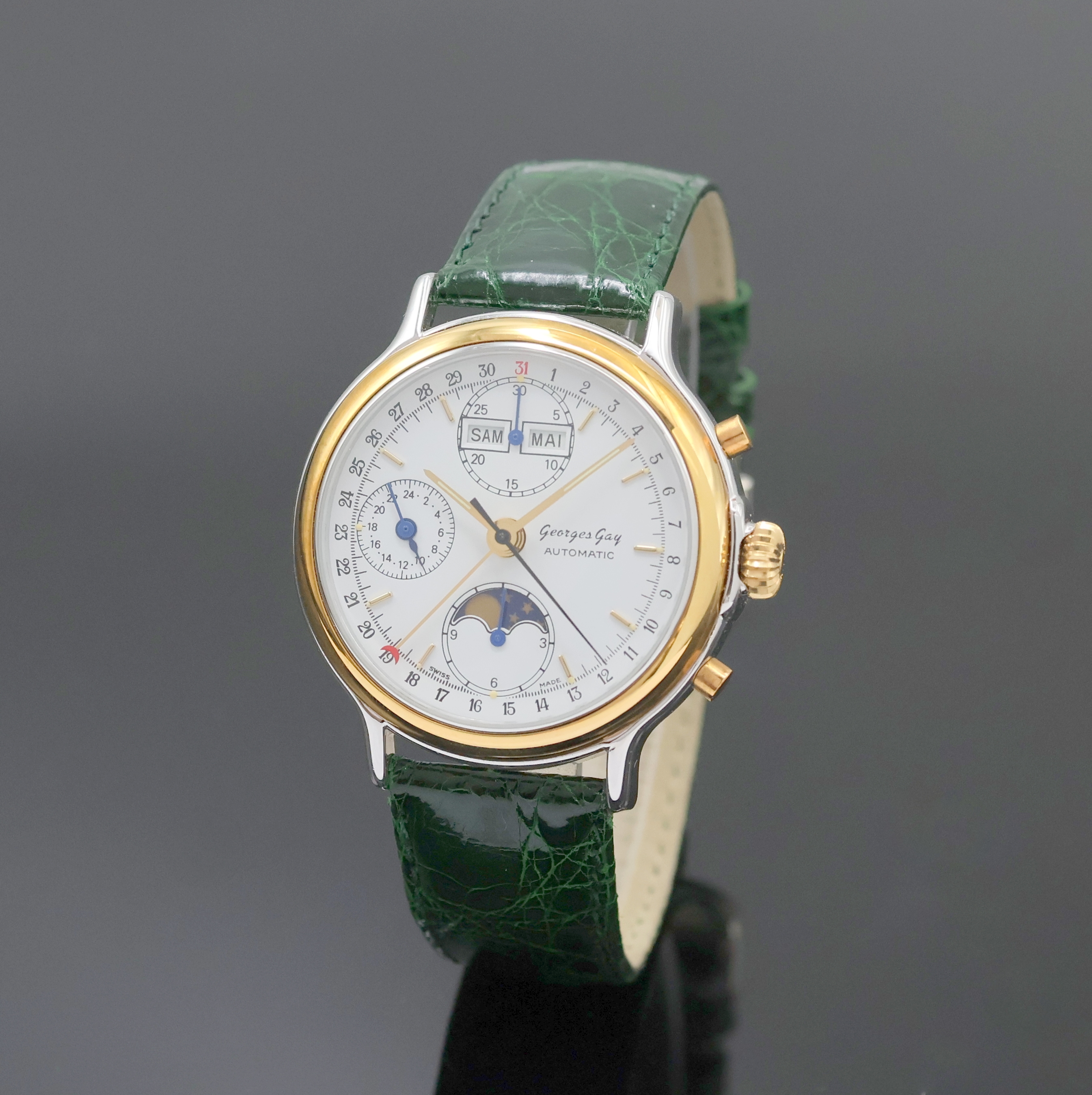 Image 27033467 - GEORGES GAY Armbandchronograph mit Vollkalender in Stahl/Gold, Schweiz um 1995, ...