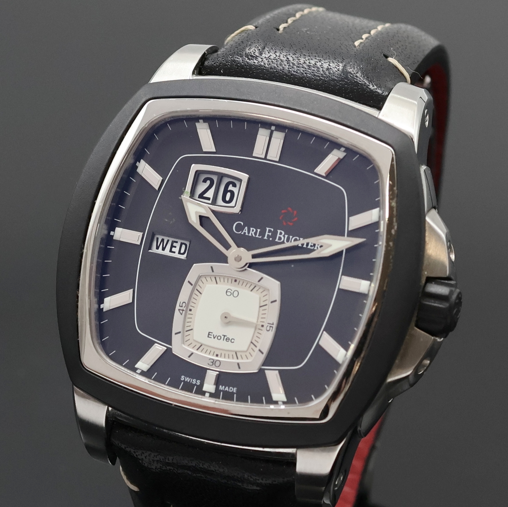 Detail a: CARL F. BUCHERER Patravi Evotec Herrenarmbanduhr mit Großdatum und Wochentag Referenz 10625.13, Schweiz um 2015, Automatik, beids. vergl. ...