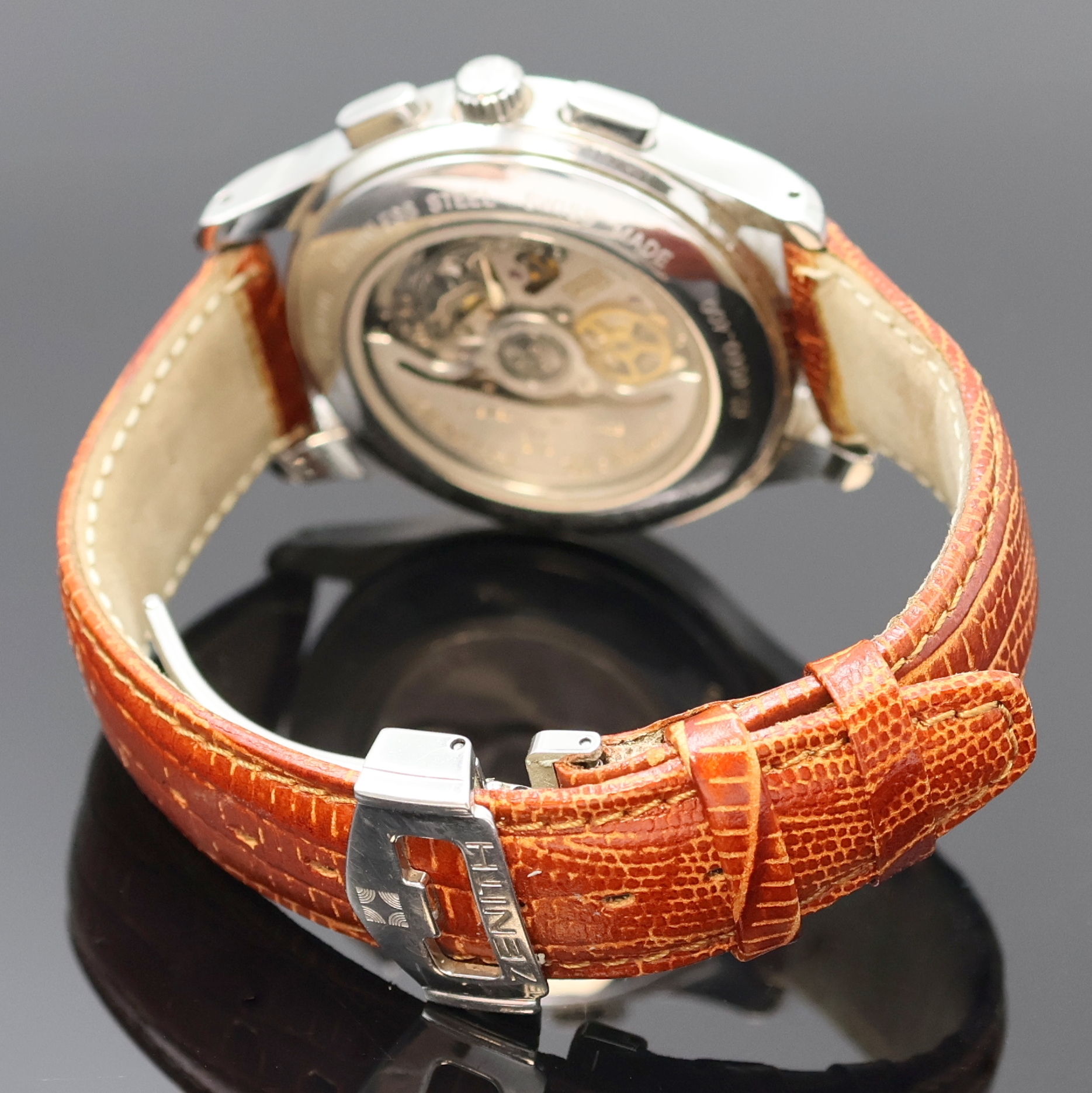 Detail b: ZENITH El Primero Armbandchronograph Referenz 02.0500.400, Schweiz um 2000, Automatik, beids. vergl. Geh. in Edelstahl inkl. Lederband m. orig. ...