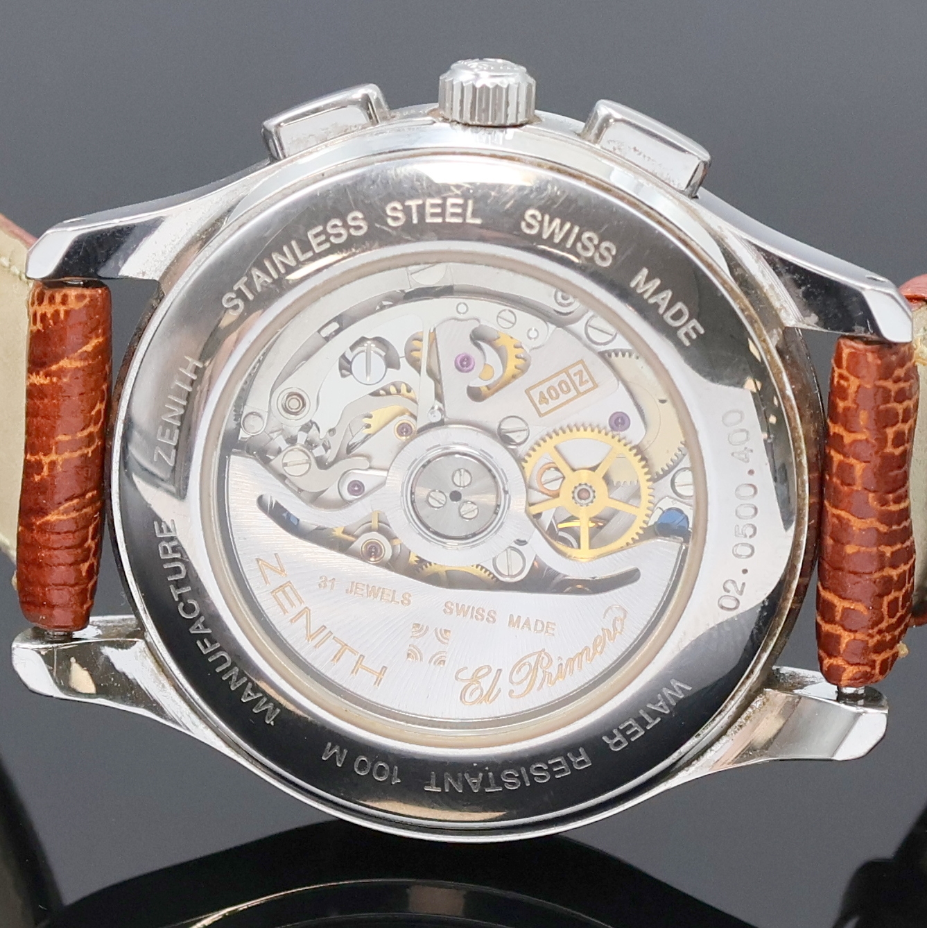 Detail d: ZENITH El Primero Armbandchronograph Referenz 02.0500.400, Schweiz um 2000, Automatik, beids. vergl. Geh. in Edelstahl inkl. Lederband m. orig. ...