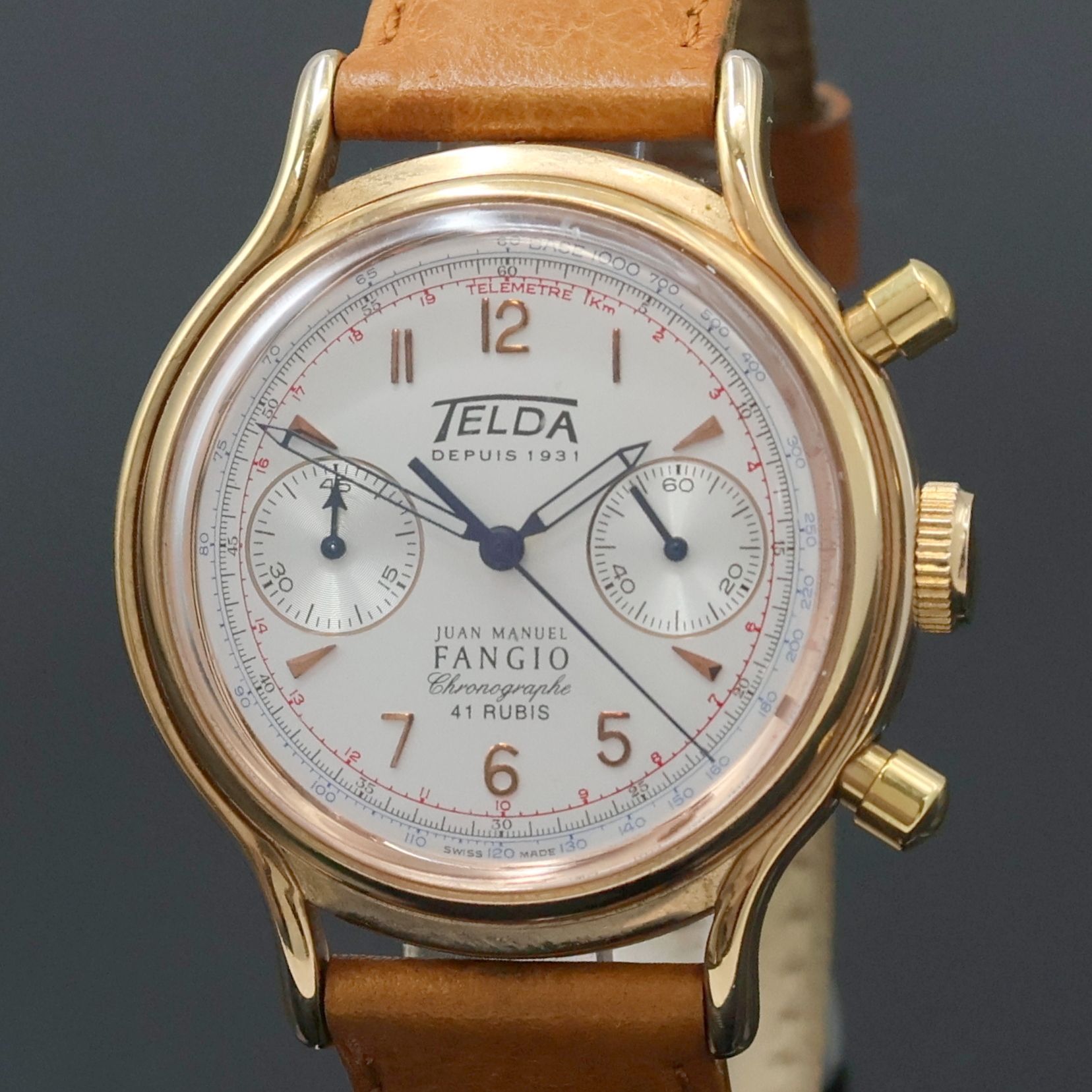 Detail a: TELDA Juan Manuel Fangio auf 1000 Stück limitierter Armbandchronograph aus der Mercedes-Benz Classic Serie, Schweiz um 1998, Handaufzug, verg. ...