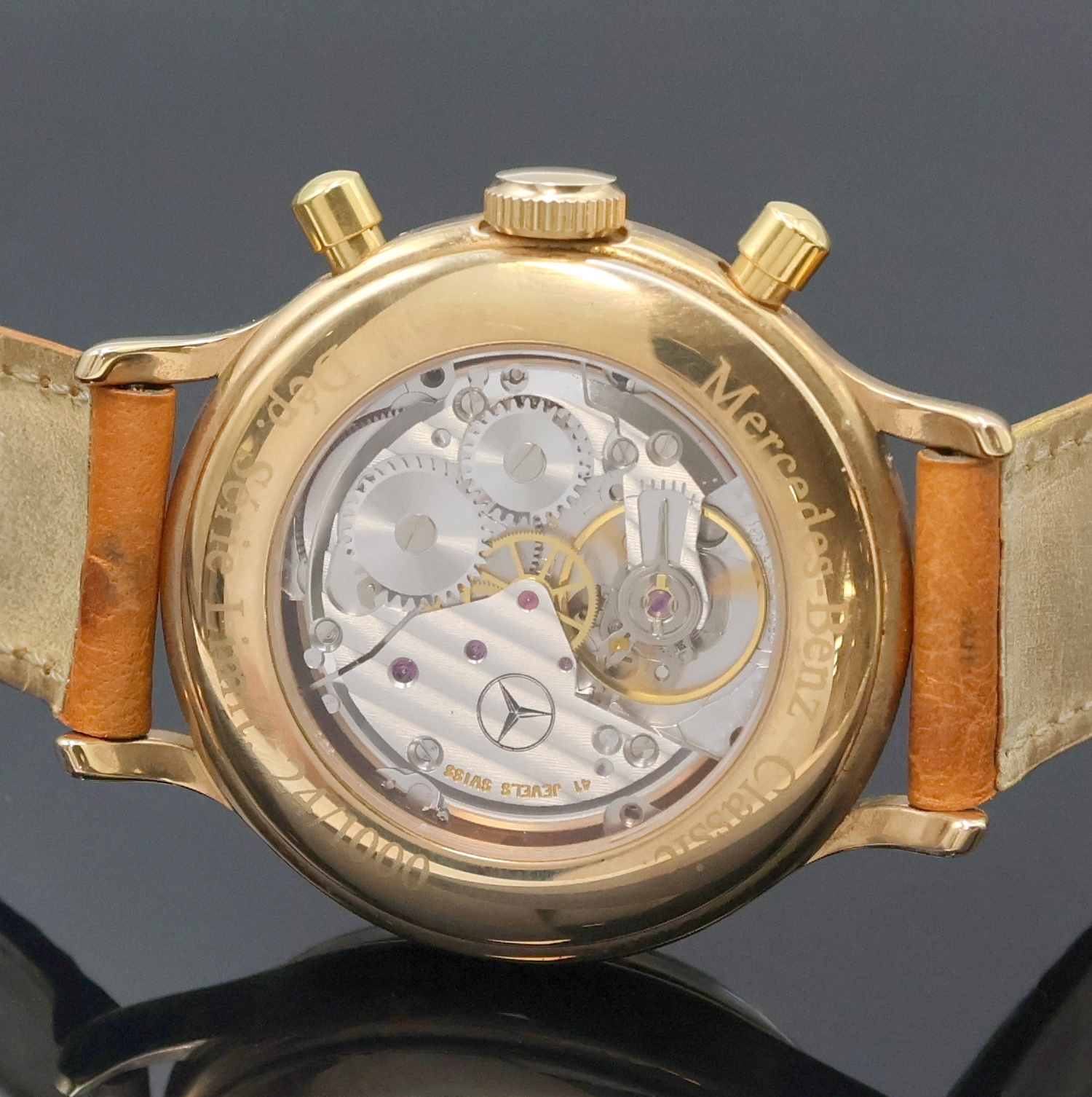 Detail d: TELDA Juan Manuel Fangio auf 1000 Stück limitierter Armbandchronograph aus der Mercedes-Benz Classic Serie, Schweiz um 1998, Handaufzug, verg. ...