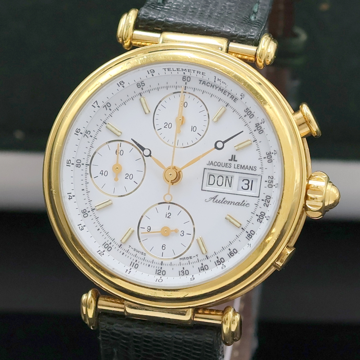 Detail a: JACQUES LEMANS vergoldeter Armbandchronograph Referenz 388, Schweiz um 1995, Automatik, beids. vergl. Geh. m. Maurice Lacroix Lederband u. Dornschl., ...