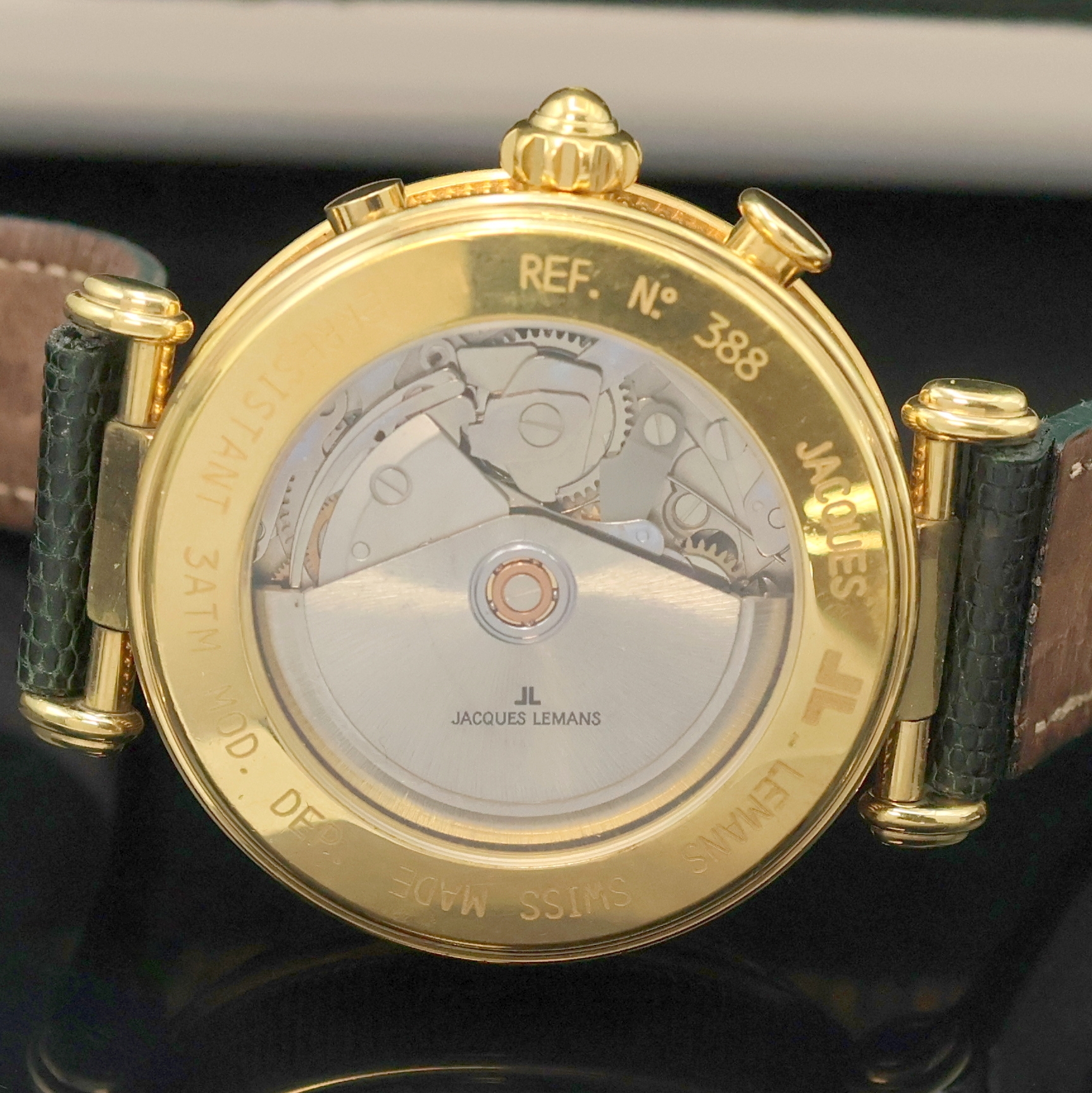 Detail c: JACQUES LEMANS vergoldeter Armbandchronograph Referenz 388, Schweiz um 1995, Automatik, beids. vergl. Geh. m. Maurice Lacroix Lederband u. Dornschl., ...