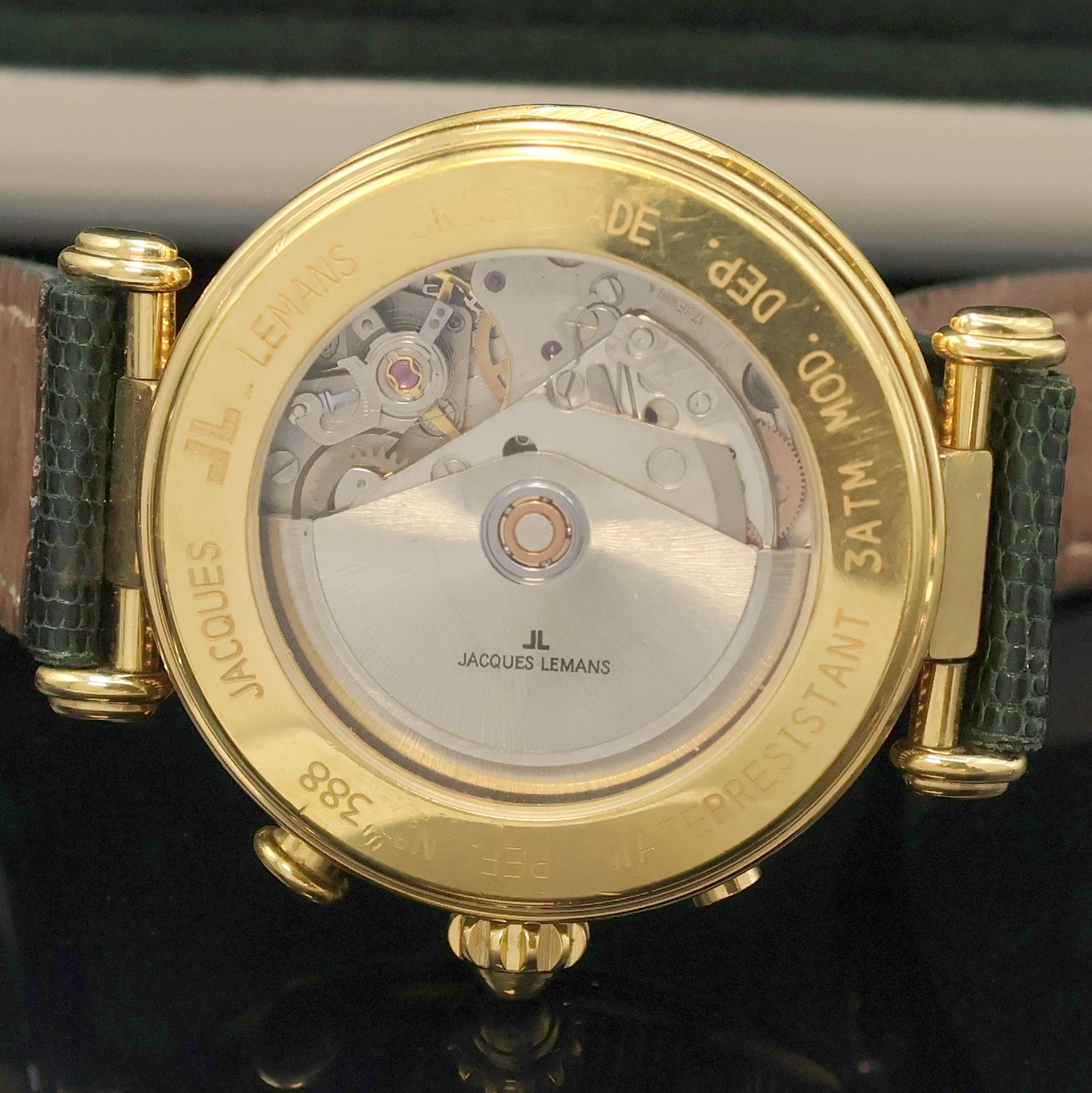 Detail d: JACQUES LEMANS vergoldeter Armbandchronograph Referenz 388, Schweiz um 1995, Automatik, beids. vergl. Geh. m. Maurice Lacroix Lederband u. Dornschl., ...