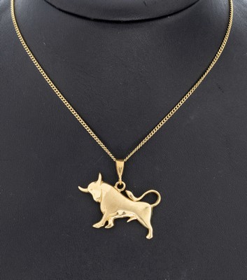 Image 14 kt Gold Anhänger, GG 585/000, Darstellung eines Stiers, teil. sat., an Kette, GG ...