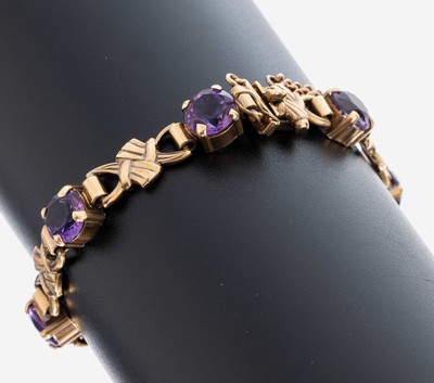 Image 9 kt Gold Amethyst-Armband, GG 375/000, geometrische Glieder, 7 rundfacett. ...