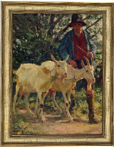 27033458k - Julius Paul Junghanns, 1876 Wien-1953 Düsseldorf, junger Ziegenhirte mit Ziegenpaar, ...