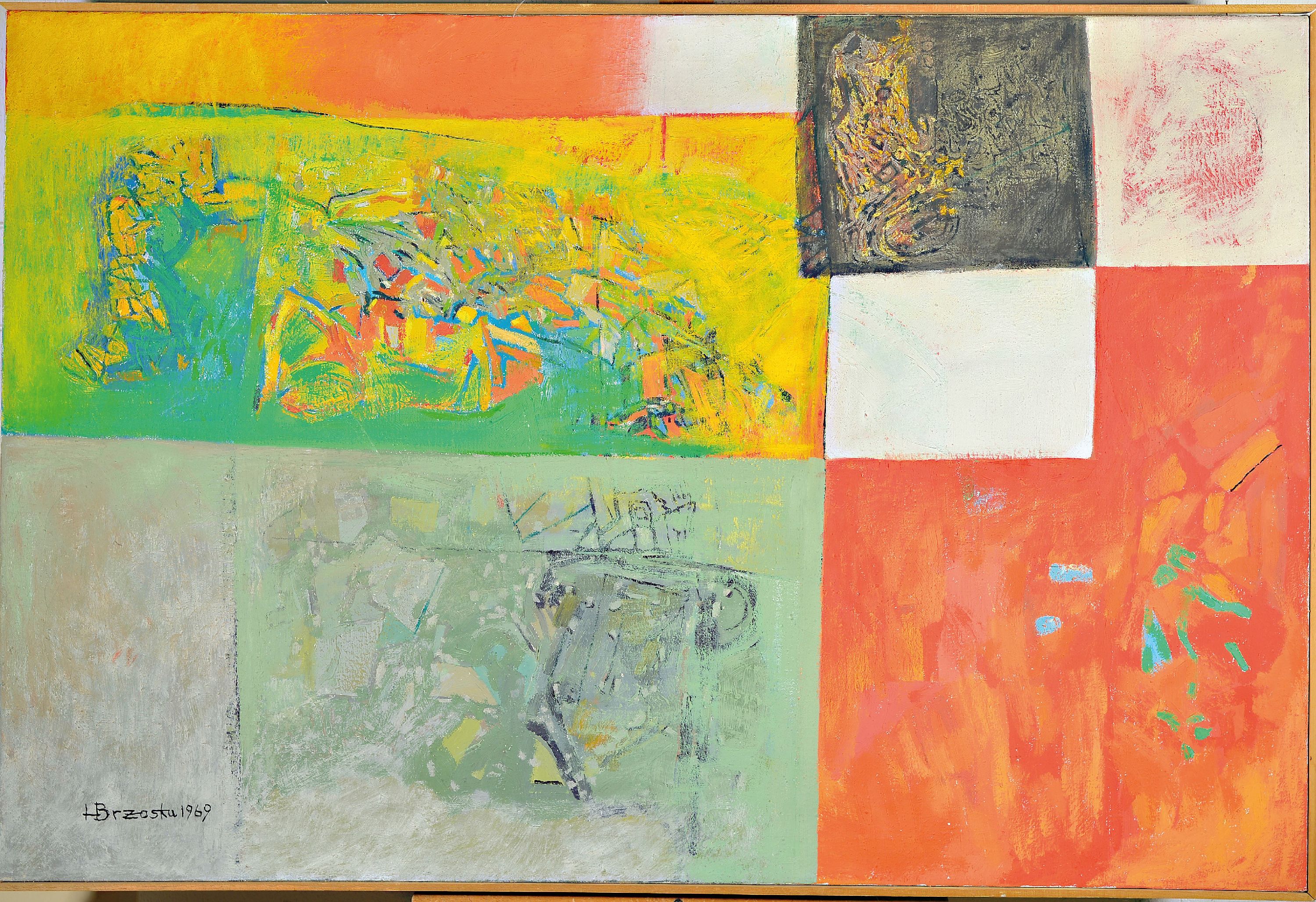 Detail k: Heinz Brzoska, 1942 Kattowitz-2015 Ludwigshafen, abstrakte Komposition, Farbflächen mit tachistischen Formen, 1969, Harzöl auf Leinen, signiert und ...