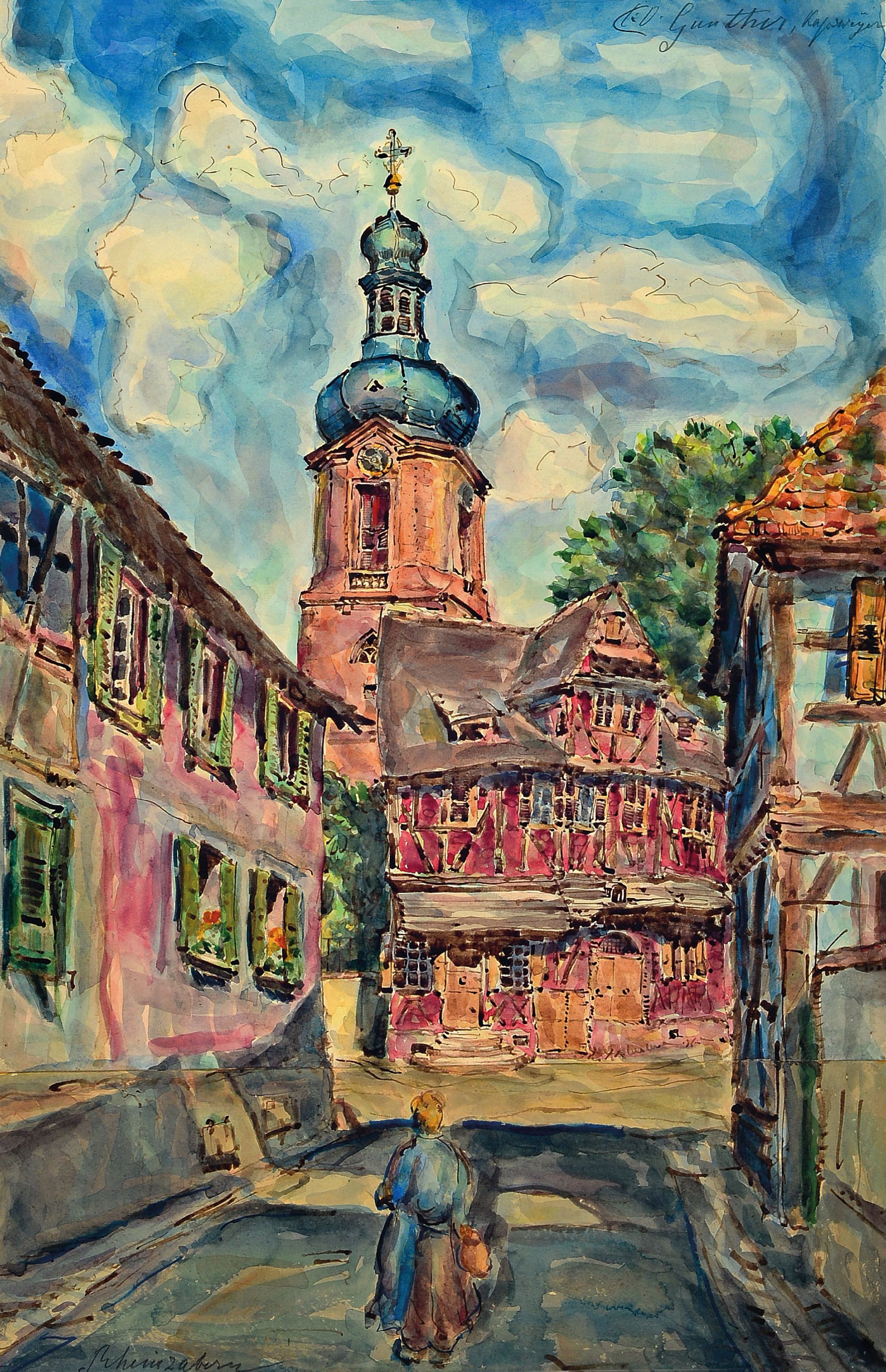 Image 27033507 - Carl-Otto Günther, 1909 Bruchsal-1974 Kandel , Ansicht aus Rheinzabern, historische ...