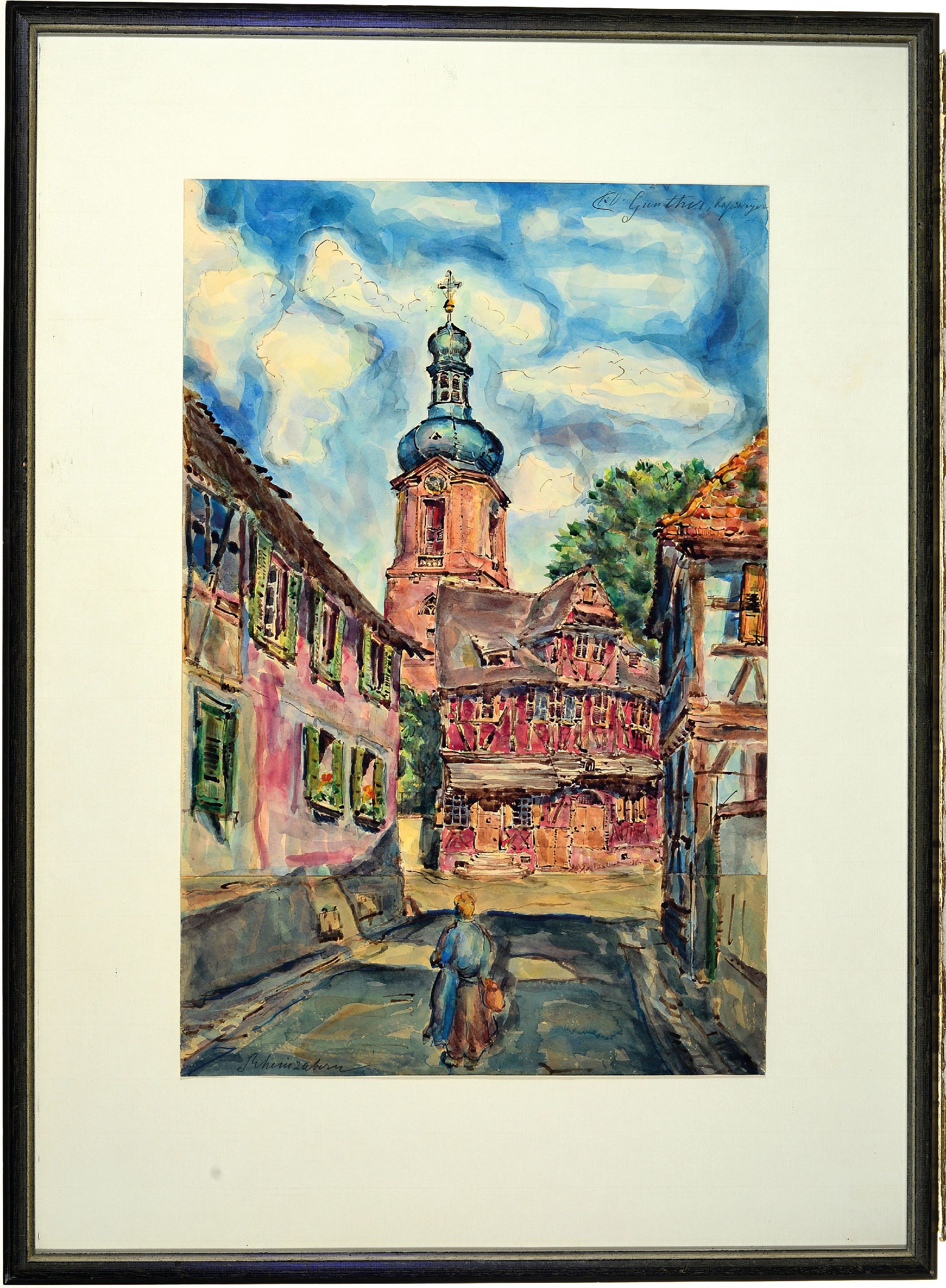 Detail k: Carl-Otto Günther, 1909 Bruchsal-1974 Kandel , Ansicht aus Rheinzabern, historische Ansicht nach einer alten Postkarte, Aquarell, signiert und ...