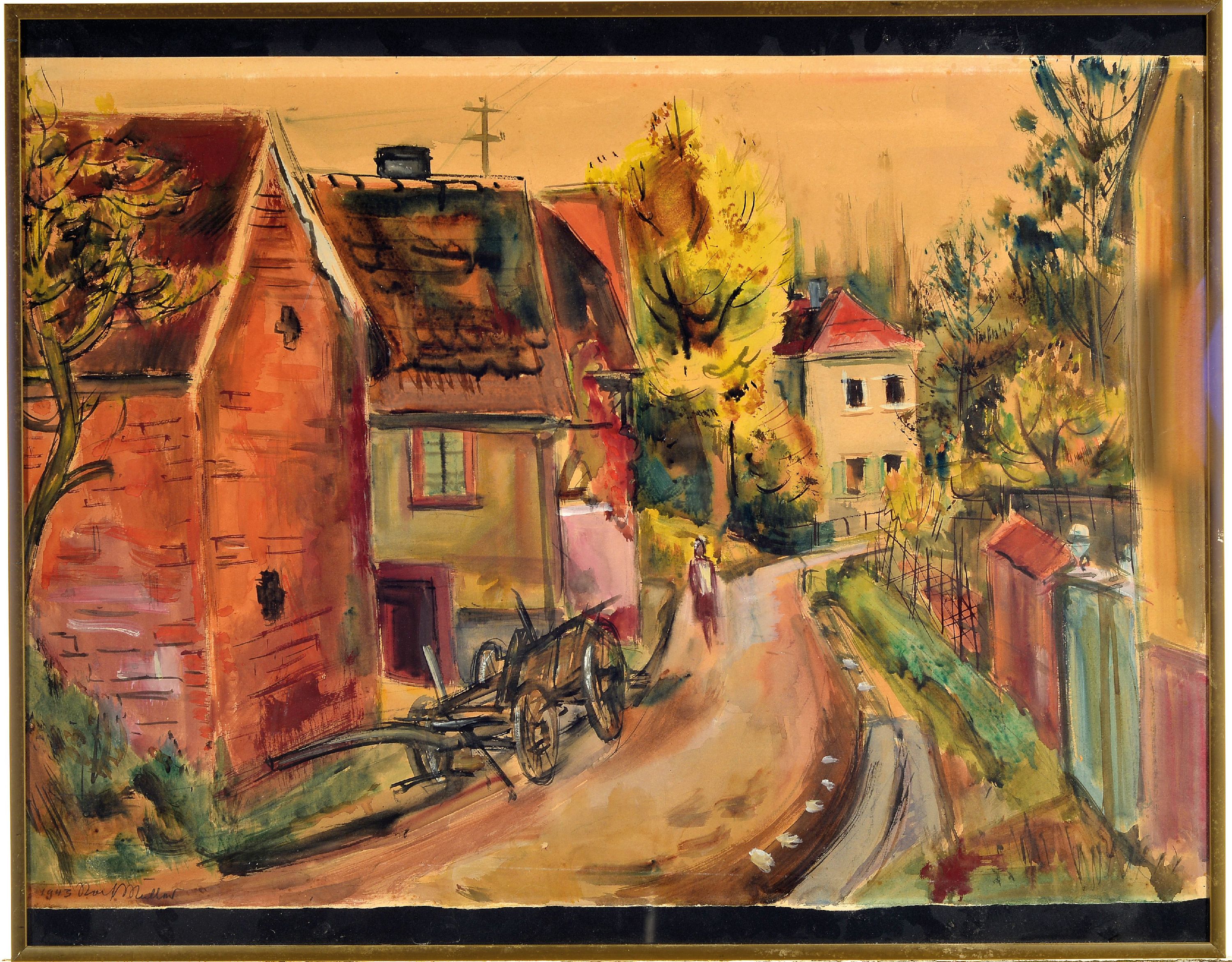 Detail k: Rolf Müller-Landau, 1903-1956 Bad Bergzabern , Aquarell, frühe Arbeit von 1943, Straßenzug nebst einem Flusslauf, links unten signiert und ...