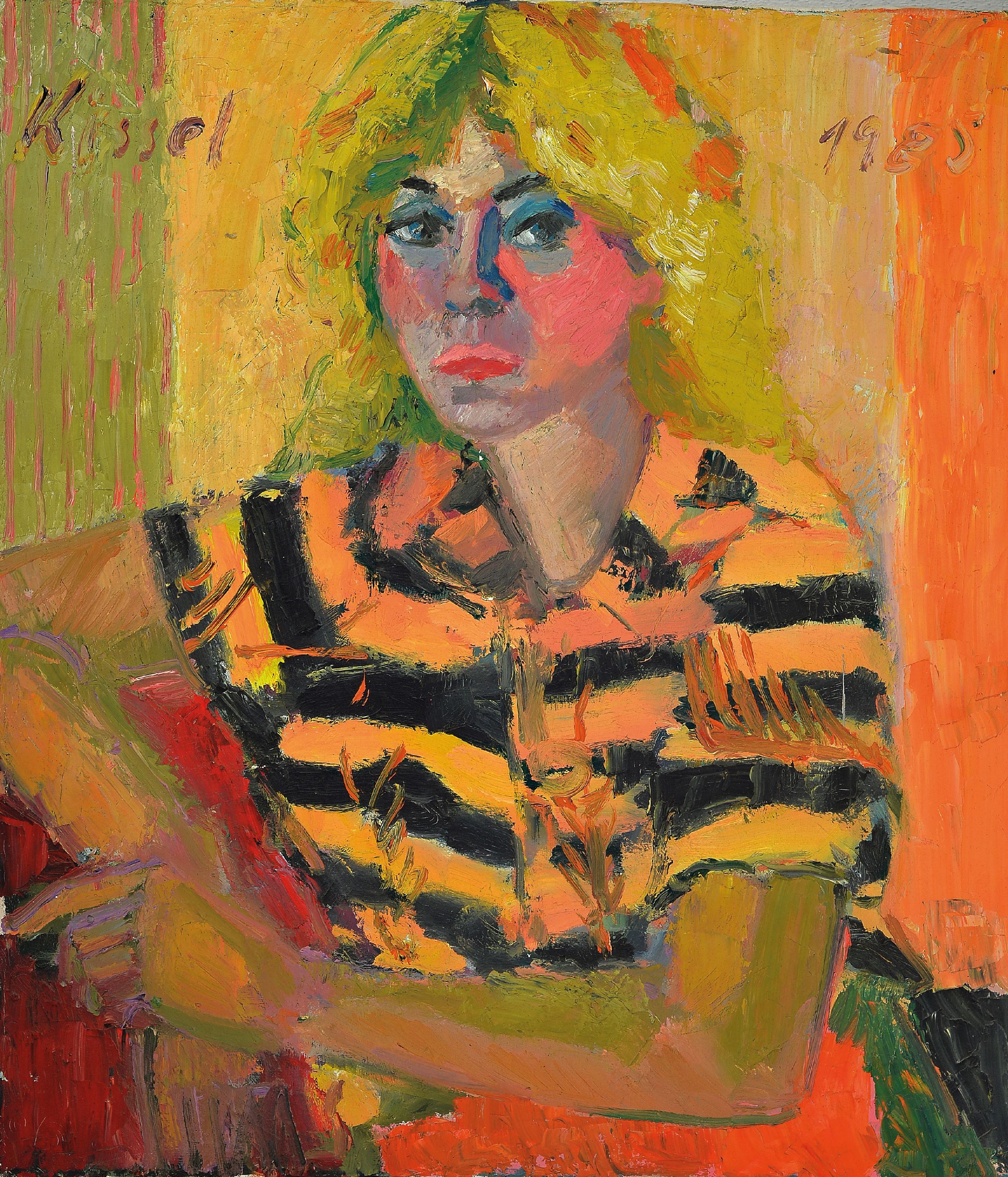 Image 27033511 - Gernot Kissel, 1939 Worms-2008 Römerberg, Frauenporträt, blonde Frau mit schwarz-gelb ...