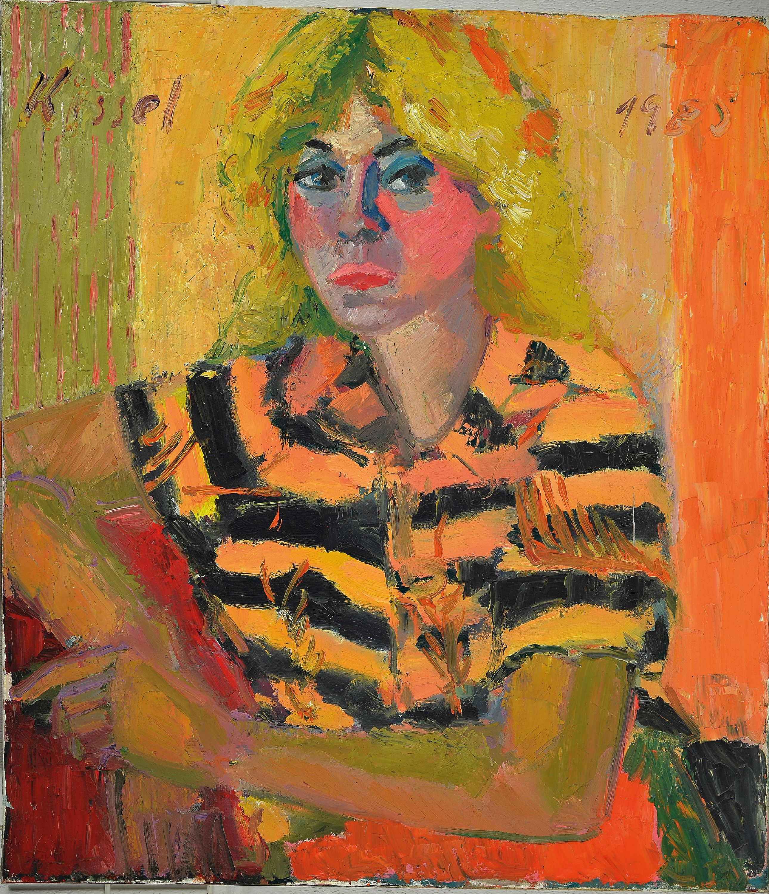 Detail k: Gernot Kissel, 1939 Worms-2008 Römerberg, Frauenporträt, blonde Frau mit schwarz-gelb gestreifter Bluse, 1985 signiert und datiert, ungerahmt 80x70 ...