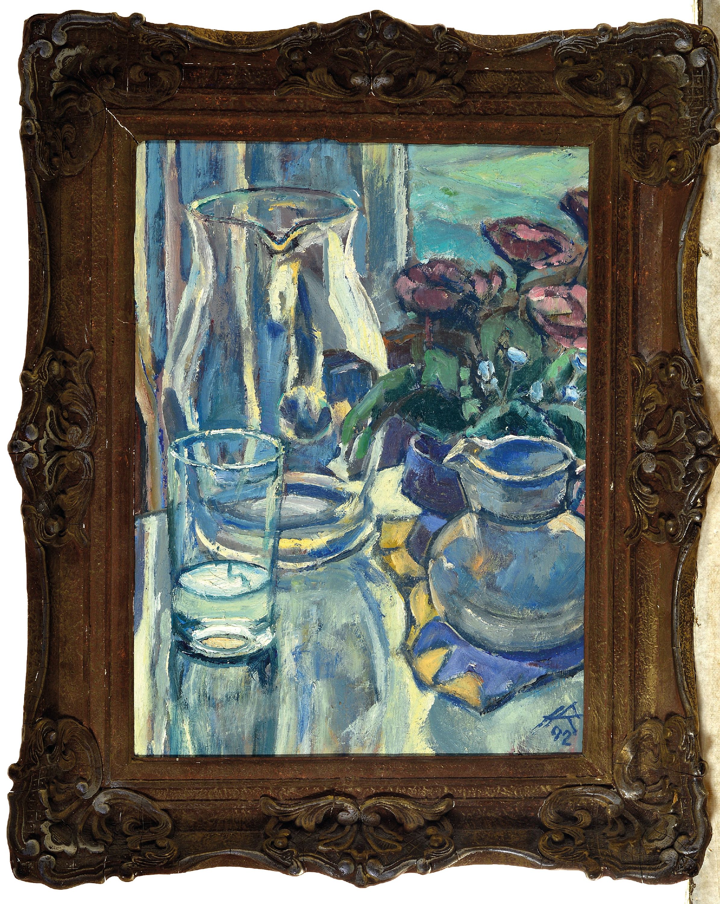 Detail k: Heinz Reiss, 1923 Haßloch-2008, Stillleben mit Glas- und Keramikgefäßen am Fenster, 1992, rechts unten monogrammiert und datiert, Öl/Karton, ...
