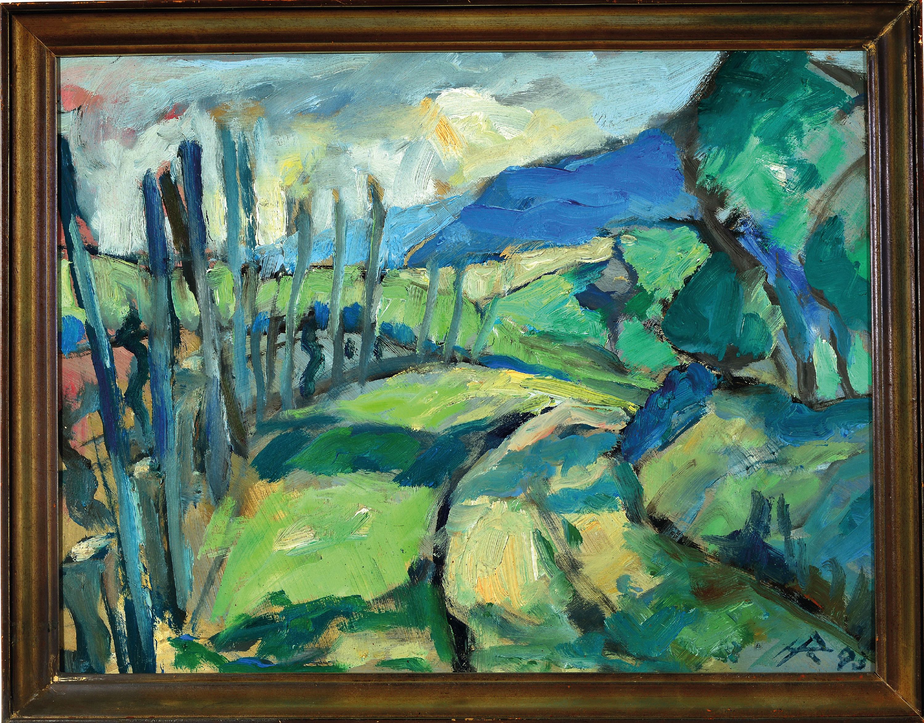 Detail k: Heinz Reiss, 1923 Haßloch-2008, "Weinberge in der Pfalz", 1993, rechts unten monogrammiert, Öl/Masonit, schmaler Rahmen 33x41 cm