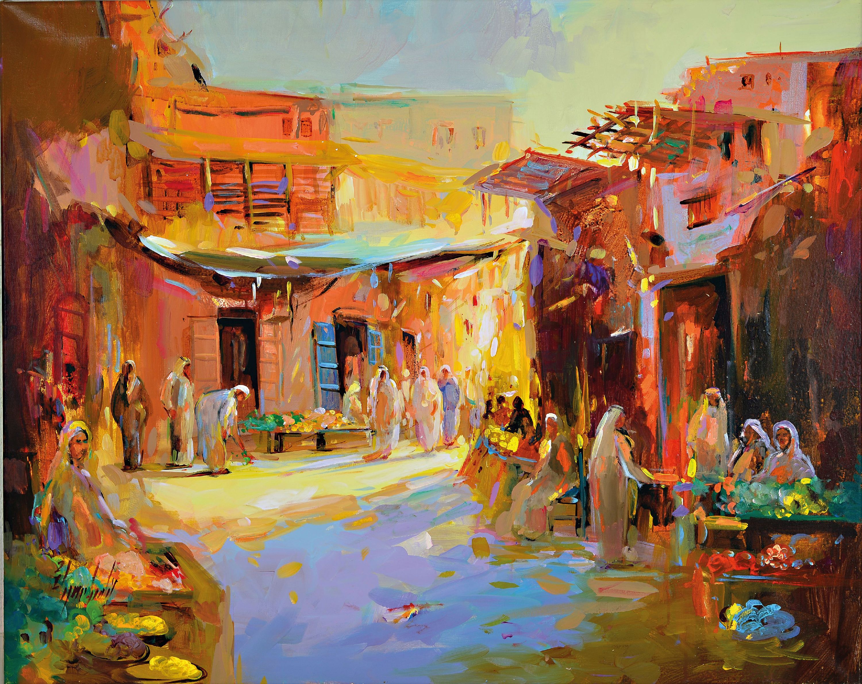 Detail k: Abbas Al-Mosawi, geb. 1952 Bahrain, "Arabischer Markt", Acryl/Lwd, signiert, ca. 80 x 100cm, der Künstler ist einer der begehrtesten ...