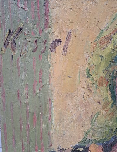 27033511a - Gernot Kissel, 1939 Worms-2008 Römerberg, Frauenporträt, blonde Frau mit schwarz-gelb ...