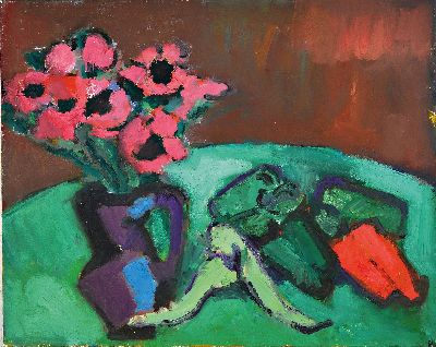 27033512k - Gernot Kissel, 1939 Worms-2008 Römerberg, Stillleben mit Blumen und Paprika, Öl/Lwd, ...