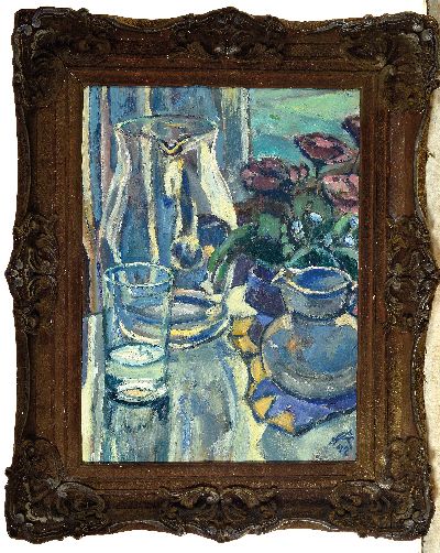 27033513k - Heinz Reiss, 1923 Haßloch-2008, Stillleben mit Glas- und Keramikgefäßen am Fenster, ...