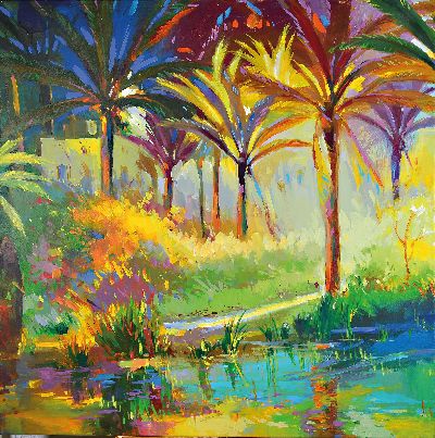 27033524k - Abbas Al-Mosawi, geb. 1952 Bahrain, ´Oasenszene mit Palmen´, Acryl/Lwd, unsign. ca. 100 x ...