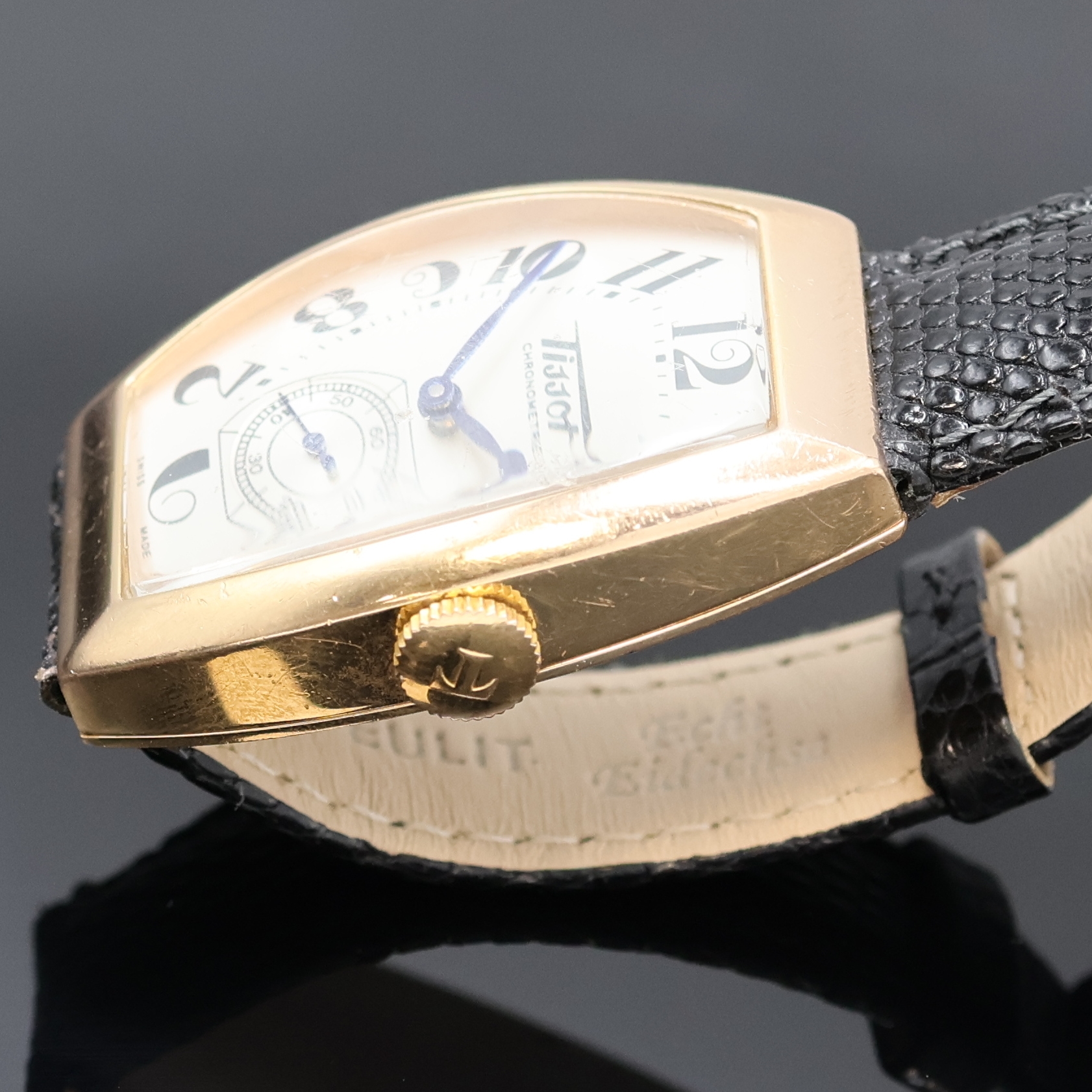 Detail b: TISSOT seltene, auf 666 Stück Chronometer Herrenarmbanduhr Porto in RG 750/000, Schweiz um 2000, Handaufzug, tonneauförmiges Geh., Lederband m. ...