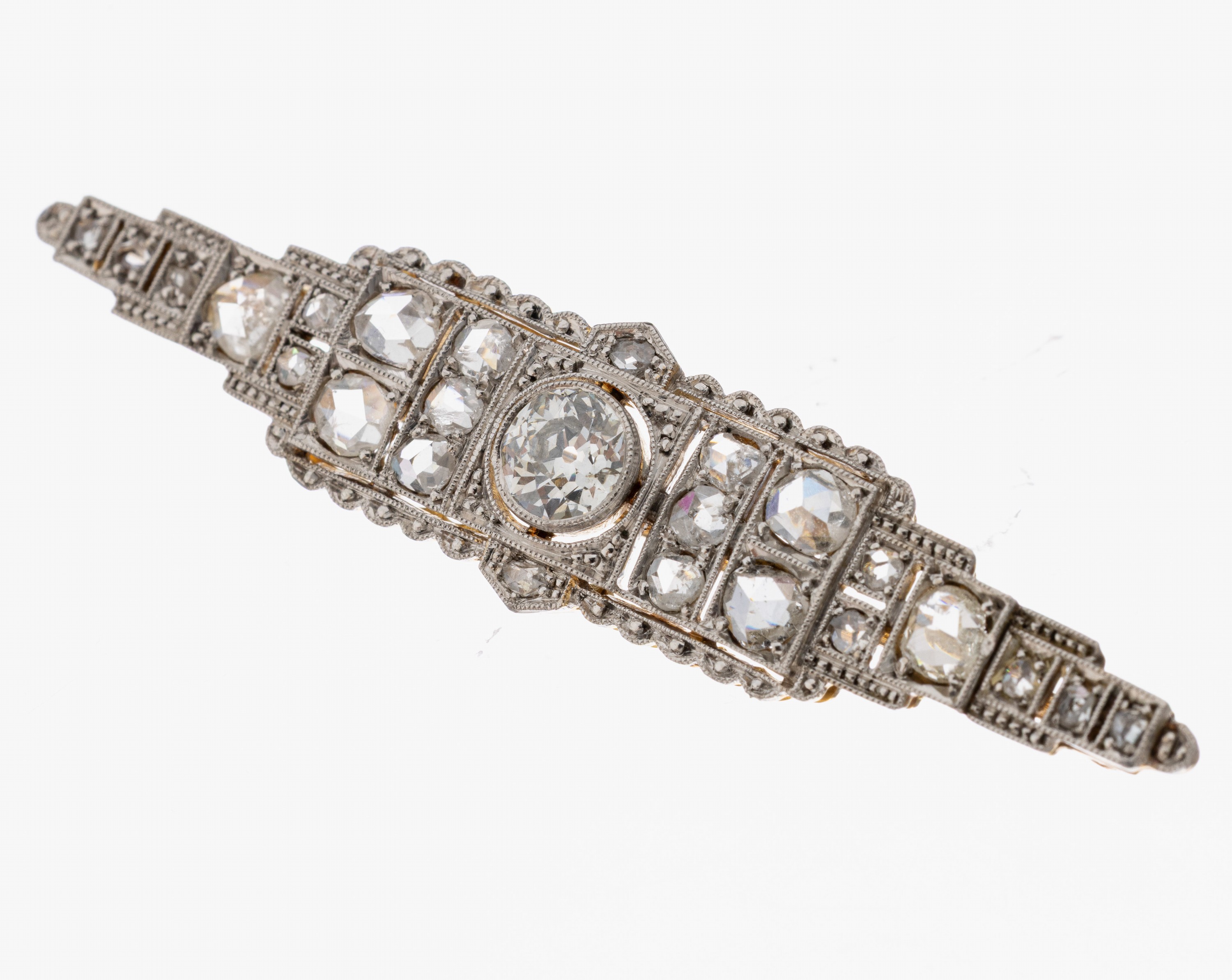 Image 27033709 - 14 kt Gold Diamant-Brosche, um 1920, GG 585/000, schauseitig Platin, geometrischer ...