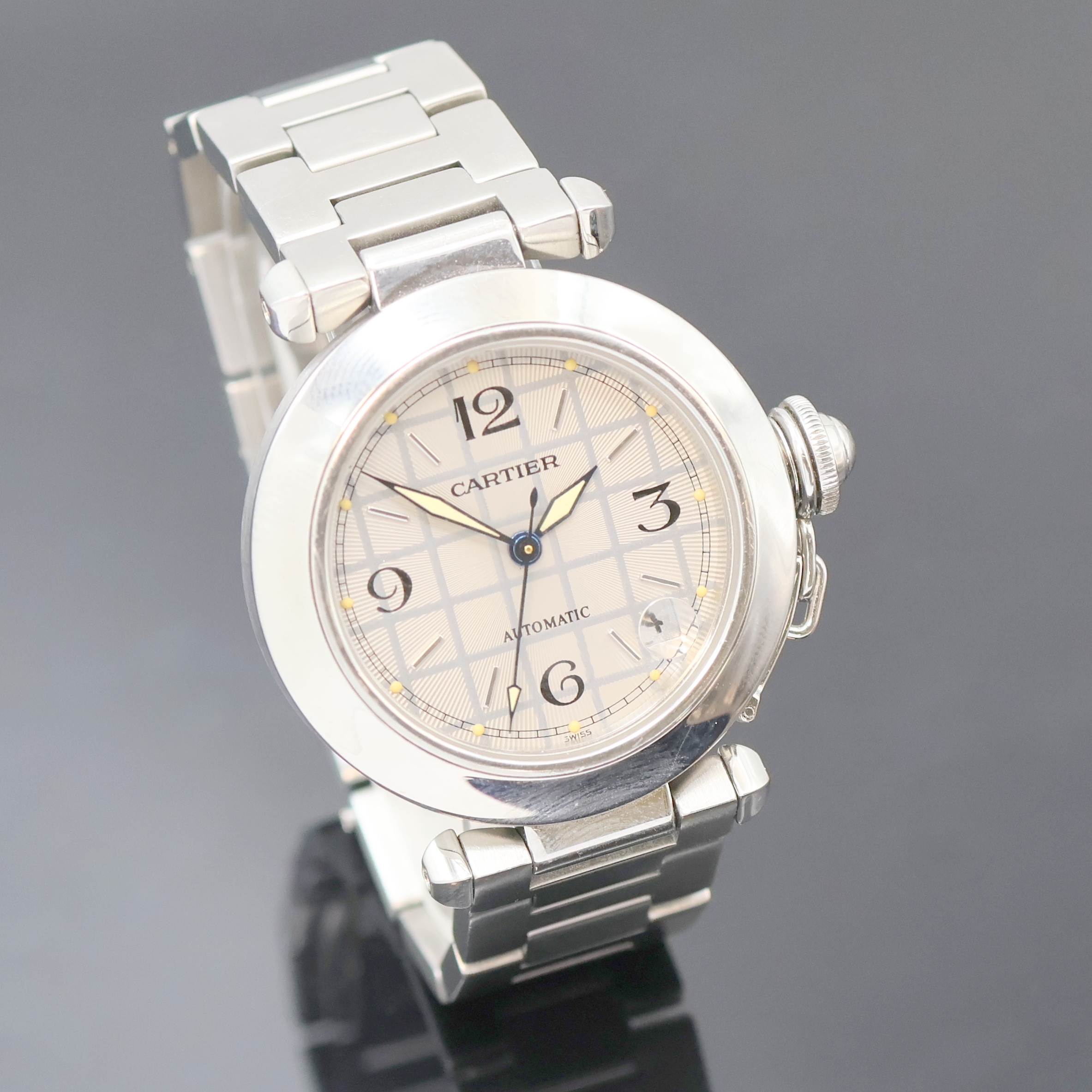 Detail b: CARTIER Pasha C Armbanduhr Referenz 2324, Schweiz um 1997, Automatik, Edelstahlgeh. inkl. orig. Gliederband m. dopp. Faltschl., Boden 8-fach ...