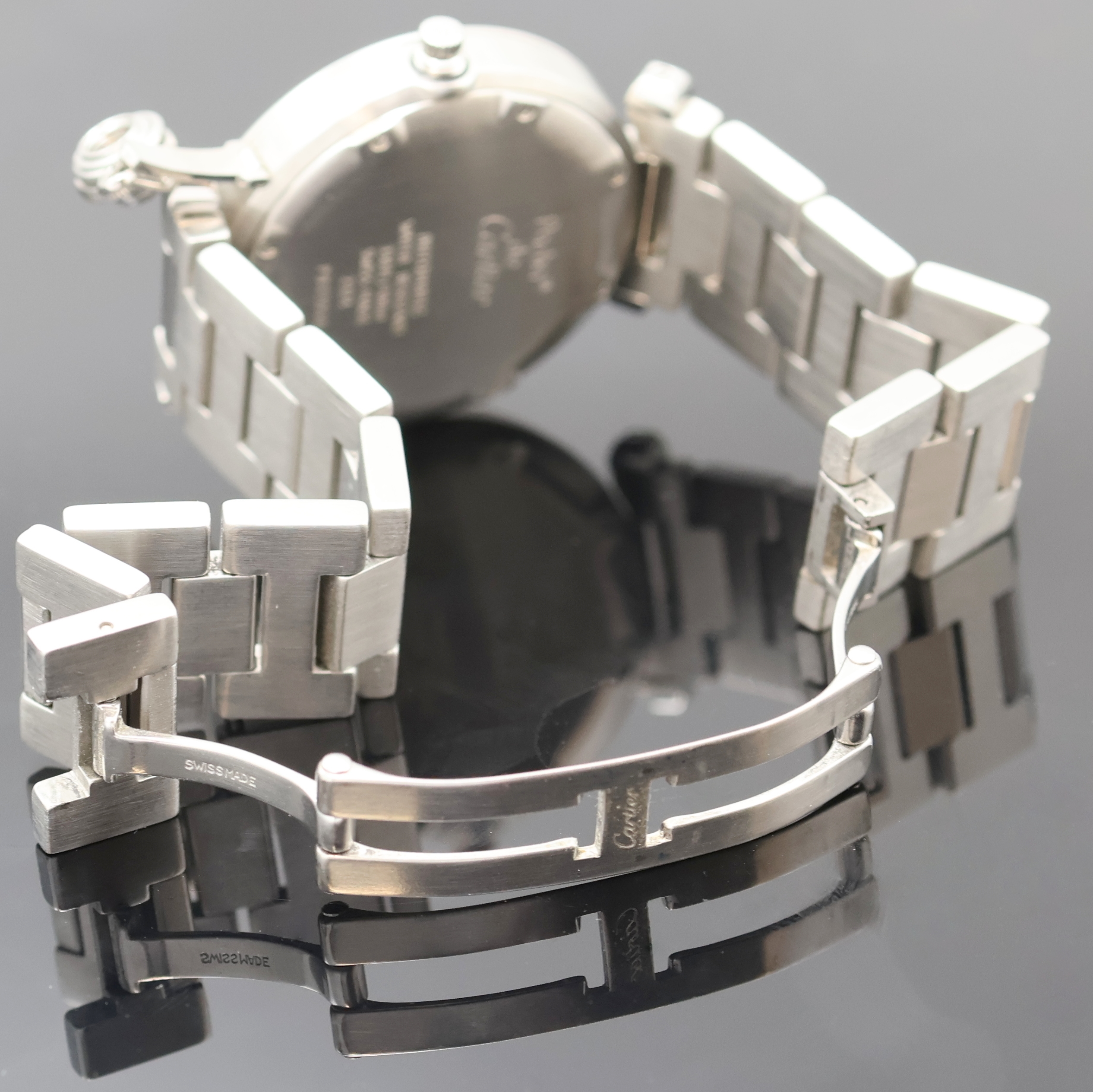 Detail c: CARTIER Pasha C Armbanduhr Referenz 2324, Schweiz um 1997, Automatik, Edelstahlgeh. inkl. orig. Gliederband m. dopp. Faltschl., Boden 8-fach ...