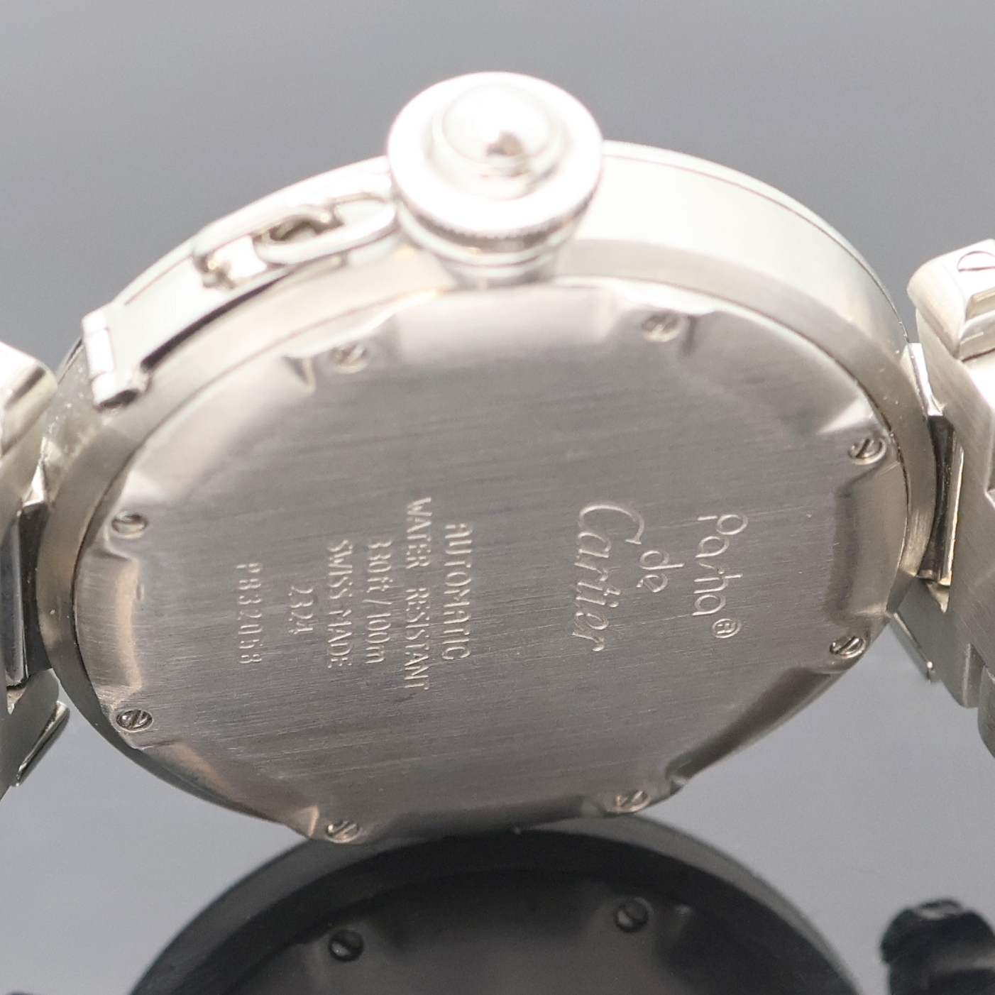 Detail f: CARTIER Pasha C Armbanduhr Referenz 2324, Schweiz um 1997, Automatik, Edelstahlgeh. inkl. orig. Gliederband m. dopp. Faltschl., Boden 8-fach ...