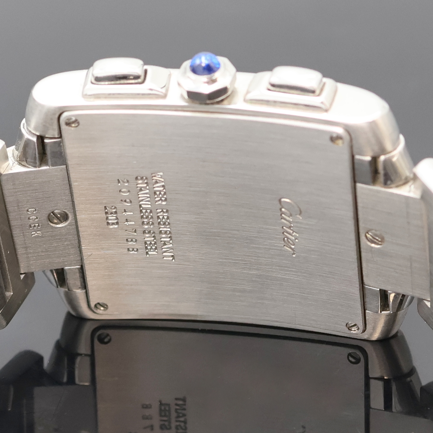 Detail e: CARTIER Armbandchronograph Tank Francaise Referenz 2303, Schweiz um 1997, Edelstahlgeh. inkl. Gliederband m. dopp. Faltschl., Boden 4-fach verschr., ...