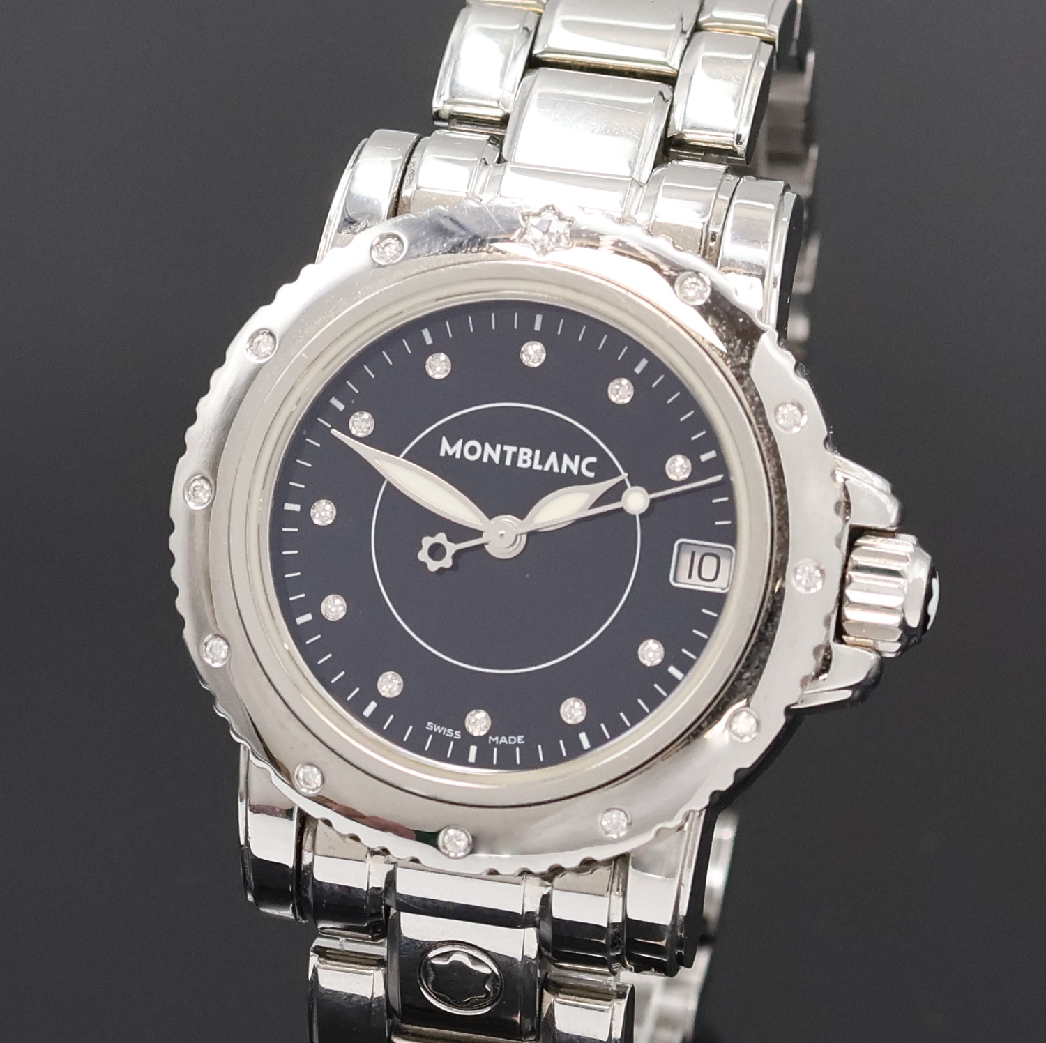 Detail a: MONTBLANC Damenarmbanduhr Ladys Sport, Schweiz um 2008, Edelstahlgeh. inkl. Gliederband m. dopp. Faltschl., Lünette und Zifferblatt m. Diamanten ...