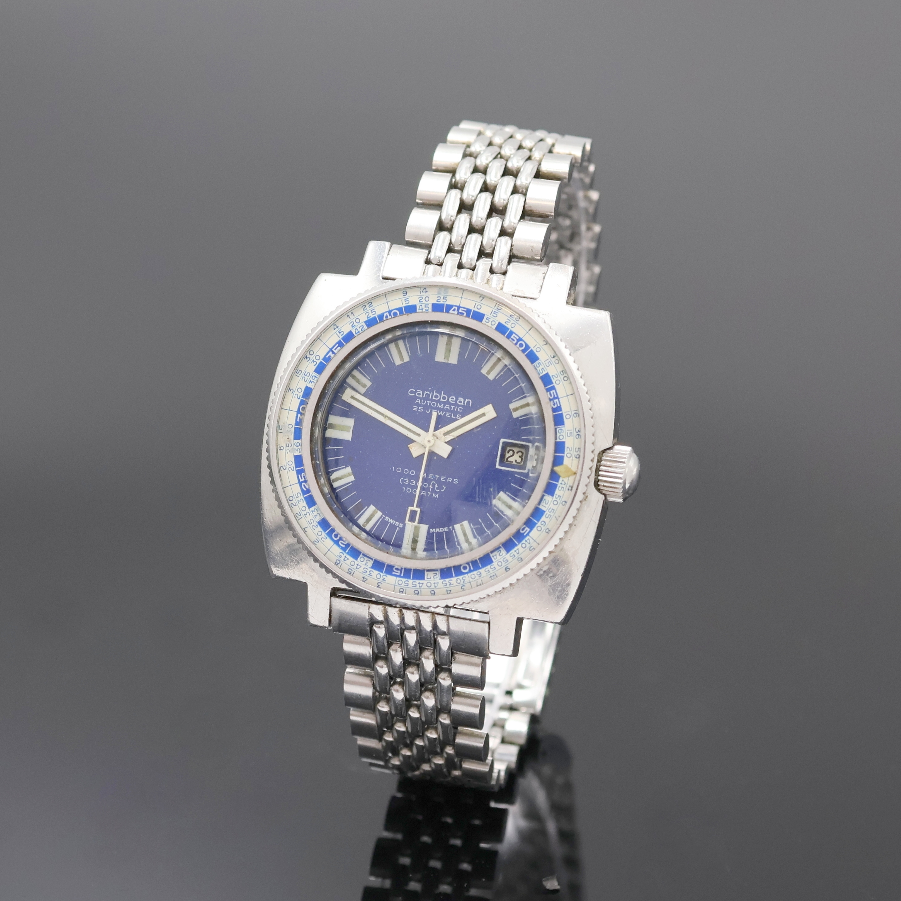 Image 27033912 - CARIBBEAN seltene Taucheruhr, Automatik, Schweiz um 1970, kissenförmiges monocoque ...