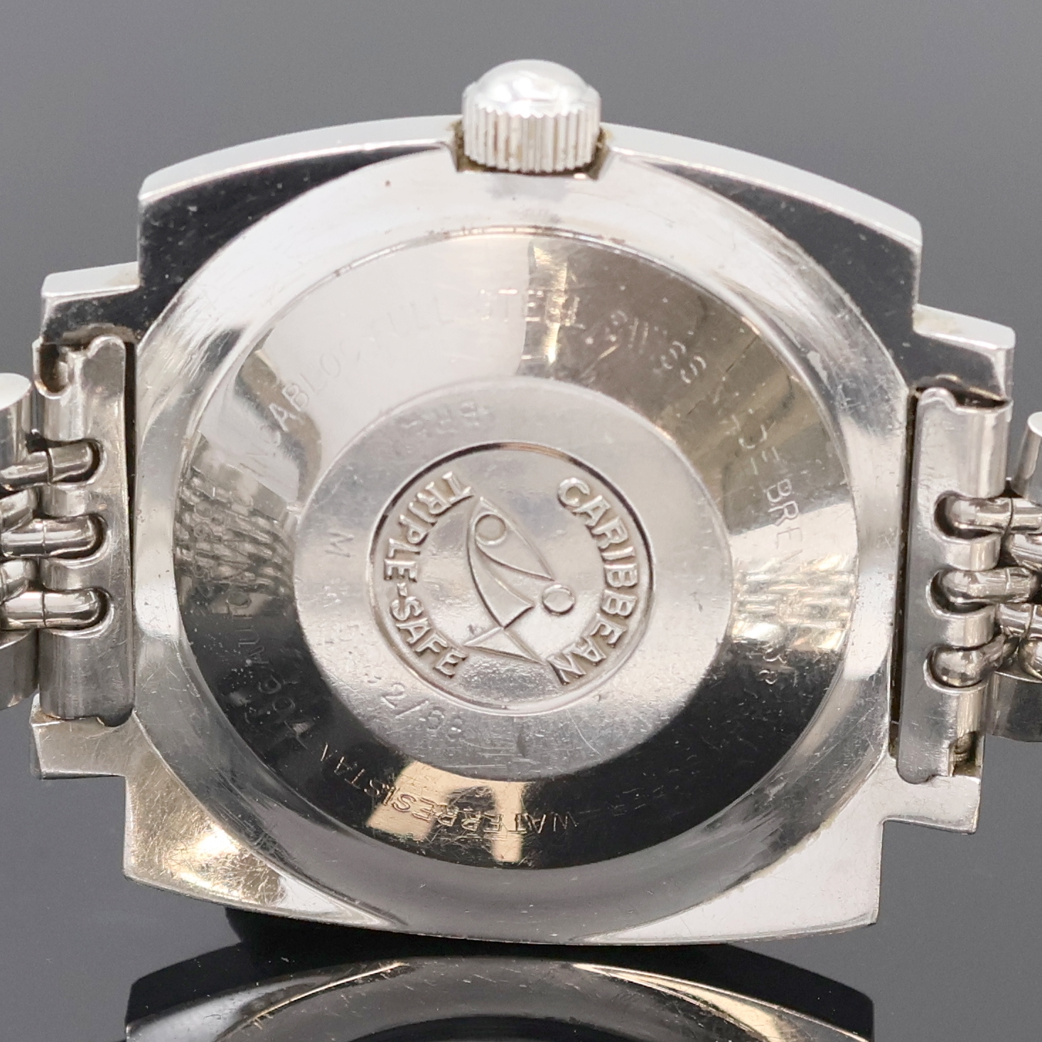 Detail c: CARIBBEAN seltene Taucheruhr, Automatik, Schweiz um 1970, kissenförmiges monocoque Edelstahlgeh. inkl. Gliederband m. Faltschl., Krone verschr., ...