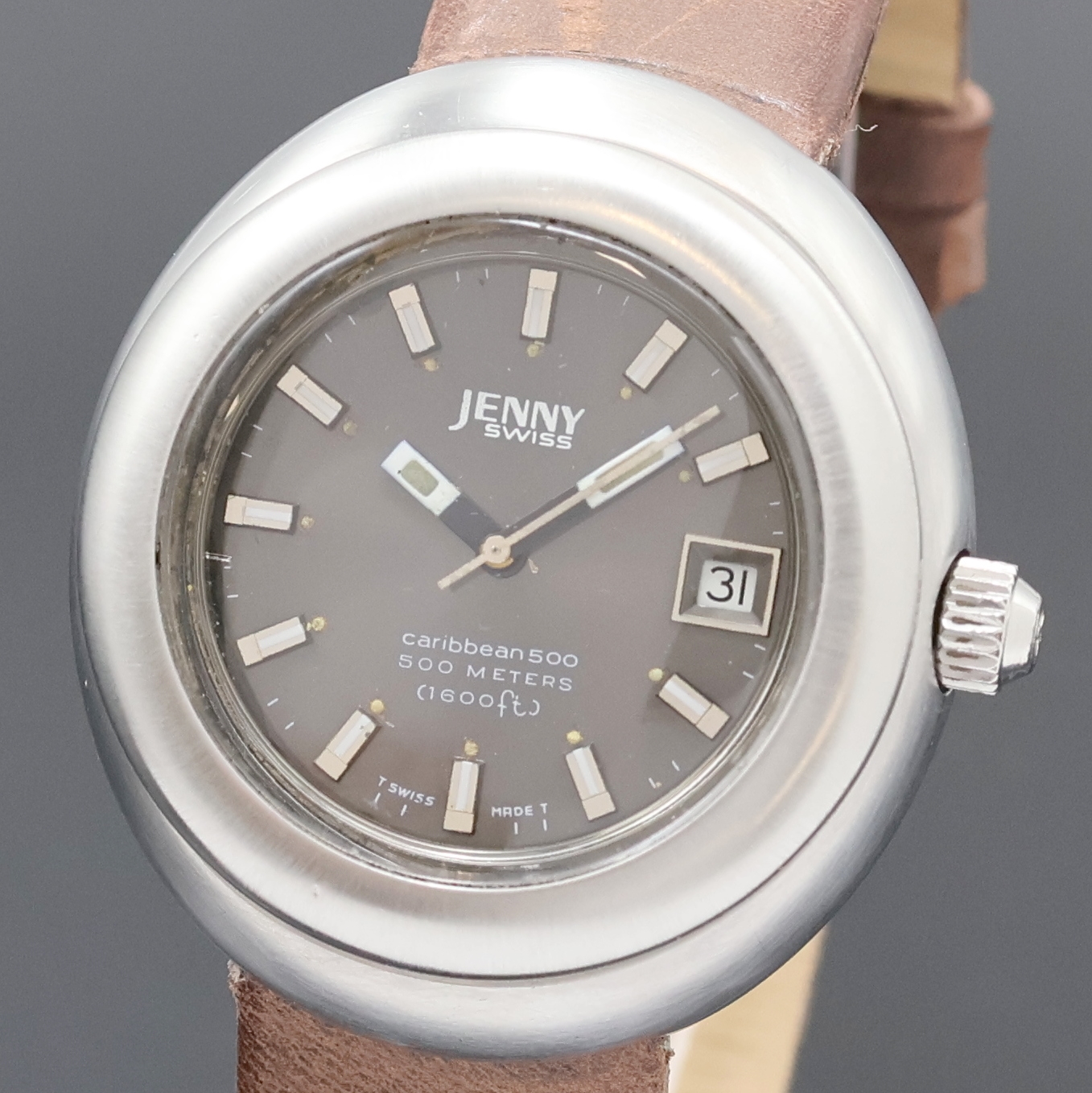 Detail a: JENNY Caribbean 500 seltene Herrenarmbanduhr, Automatik, Schweiz um 1975, monocoque-Edelstahlgeh., Krone verschr., graues Zifferbl. m. aufgel. ...