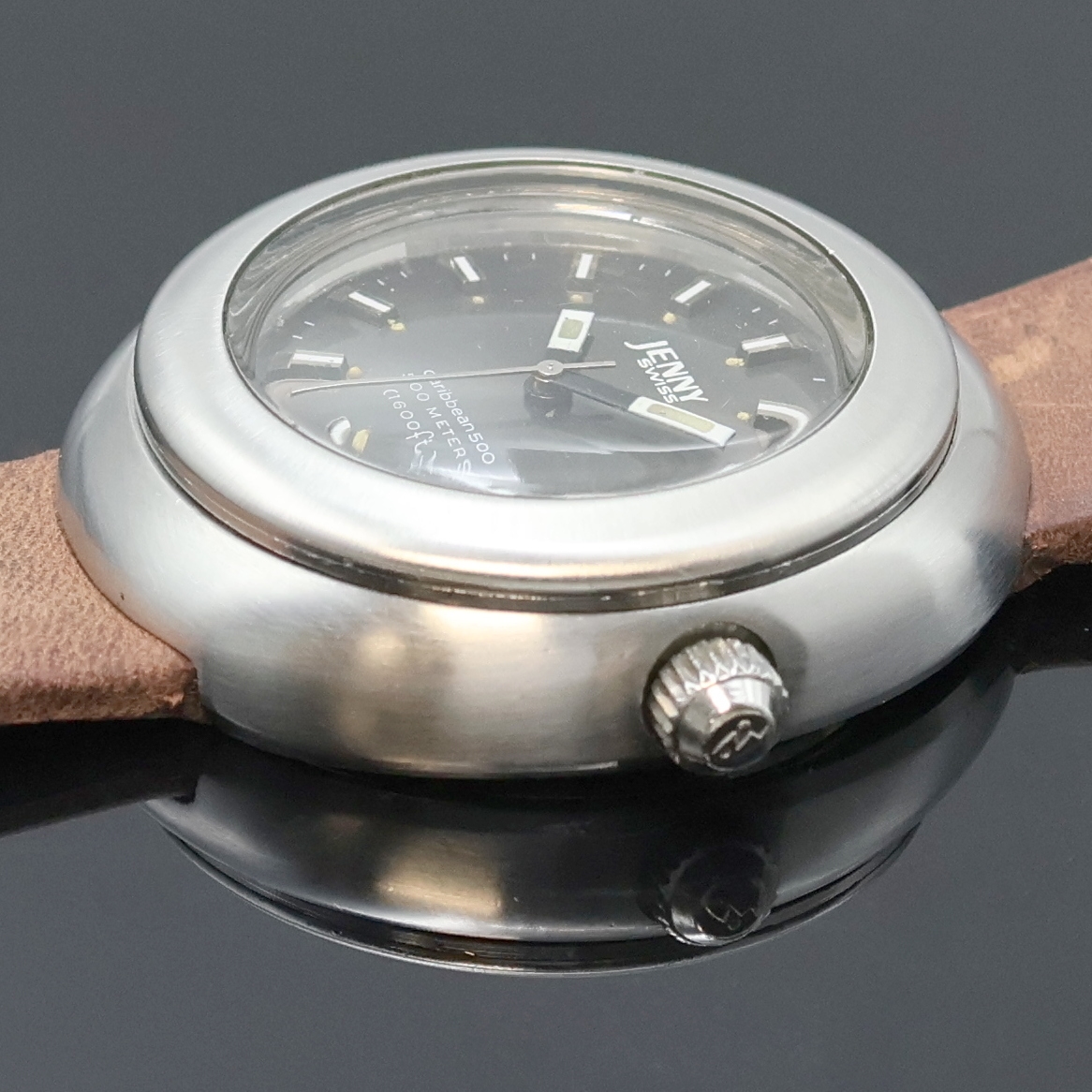 Detail b: JENNY Caribbean 500 seltene Herrenarmbanduhr, Automatik, Schweiz um 1975, monocoque-Edelstahlgeh., Krone verschr., graues Zifferbl. m. aufgel. ...