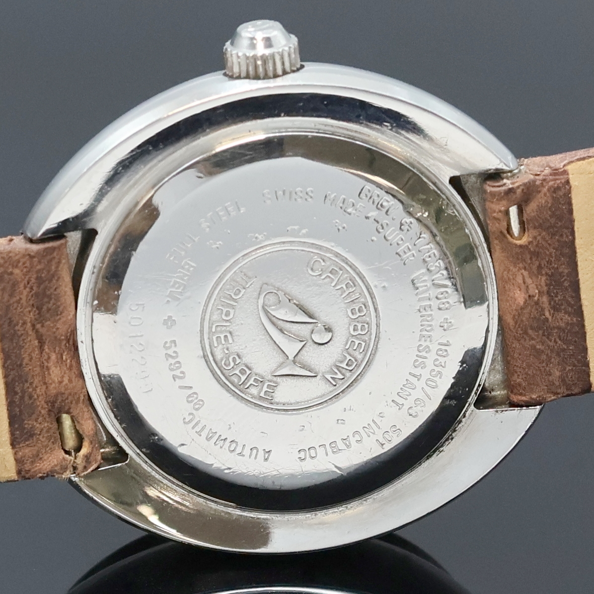 Detail c: JENNY Caribbean 500 seltene Herrenarmbanduhr, Automatik, Schweiz um 1975, monocoque-Edelstahlgeh., Krone verschr., graues Zifferbl. m. aufgel. ...