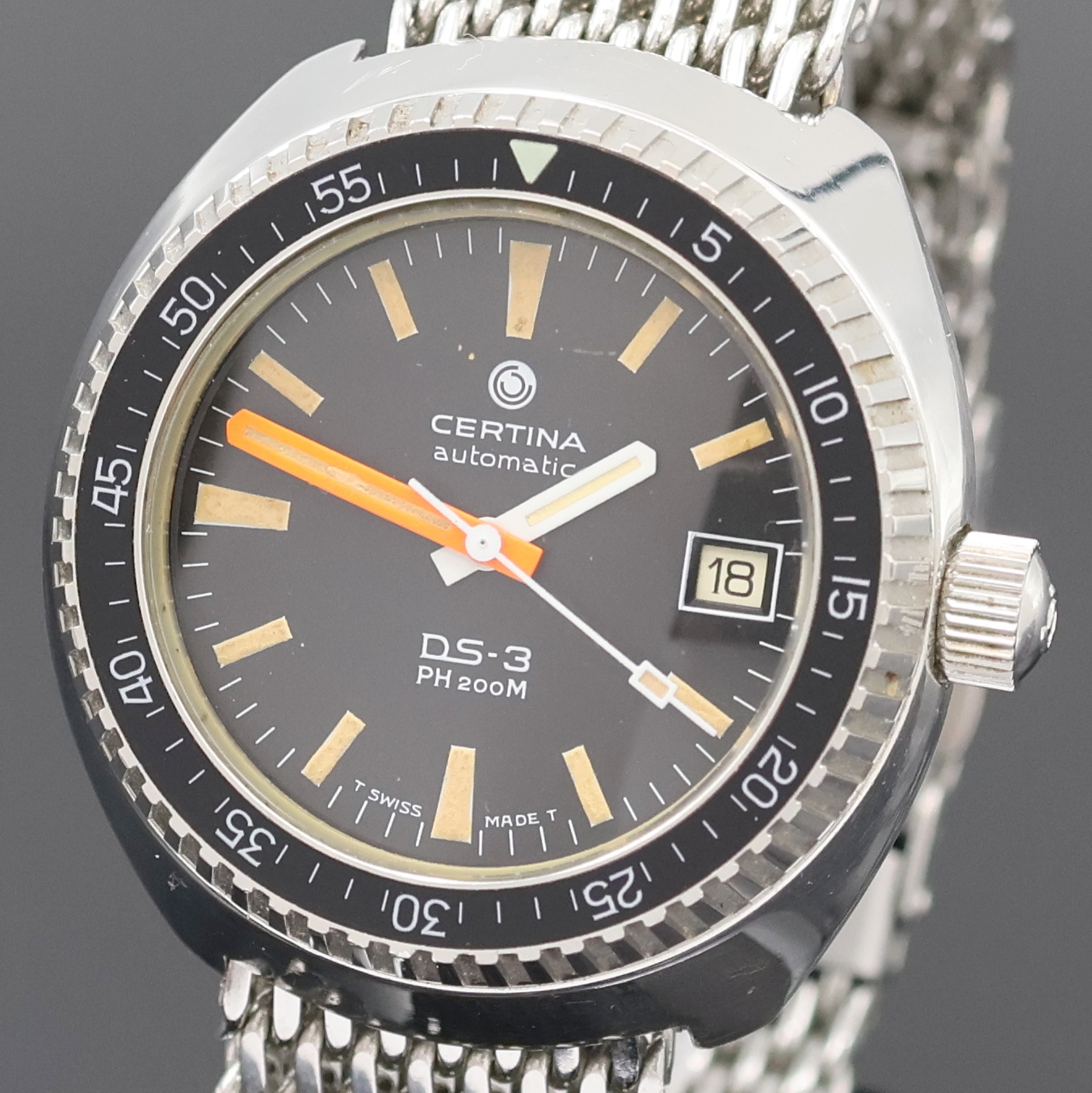 Detail a: CERTINA DS-3 PH 200M Taucheruhr in Edelstahl, Automatik, Schweiz um 1977, massives Edelstahlgeh. inkl. neutr. Band m. Faltschl., Boden und Krone ...