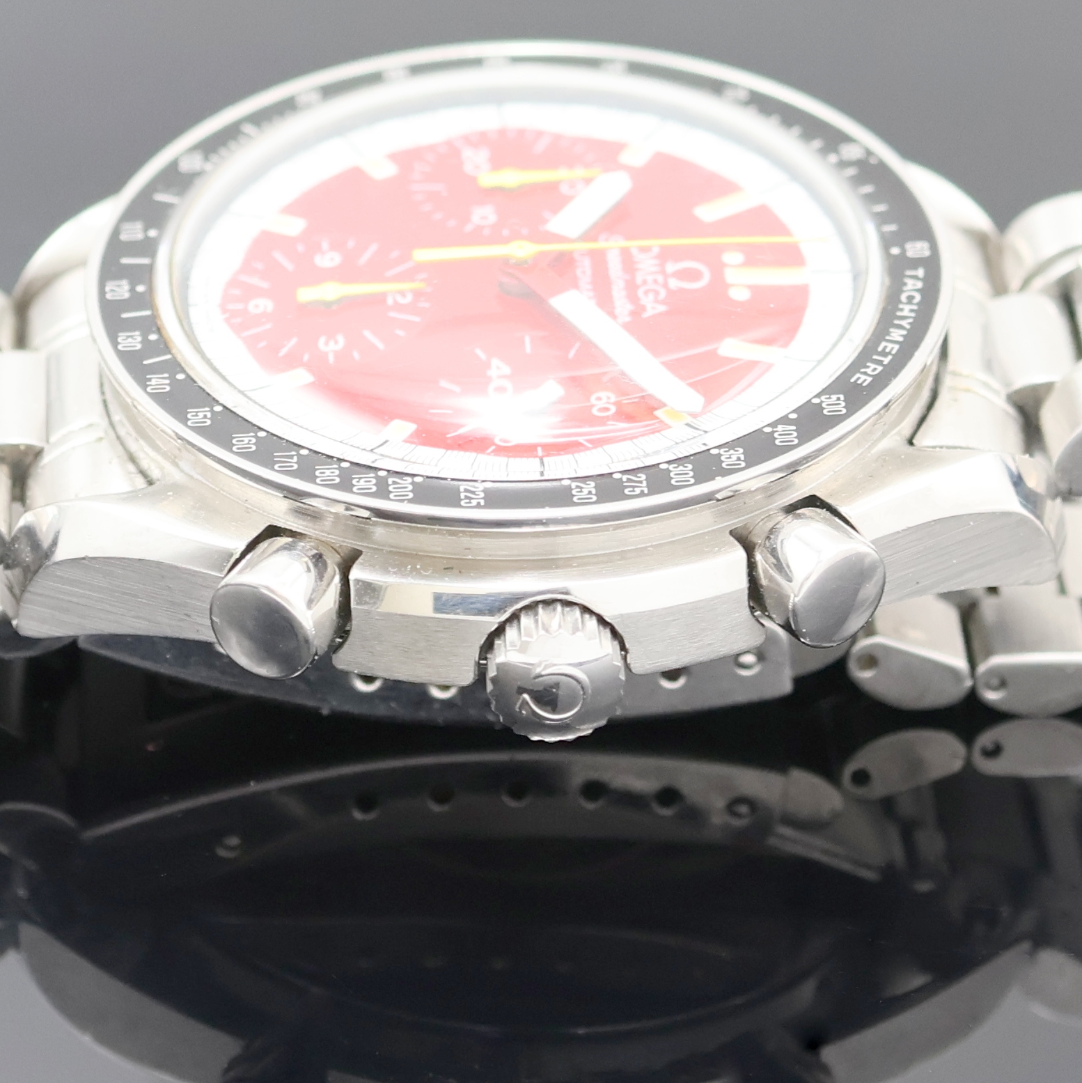 Detail d: OMEGA Herrenarmbanduhr Serie Speedmaster Cart Racing Referenz 175.0032.1/175.0033.1, Schweiz um 1997, Automatik, Edelstahlgeh., Boden aufgedr., orig. ...