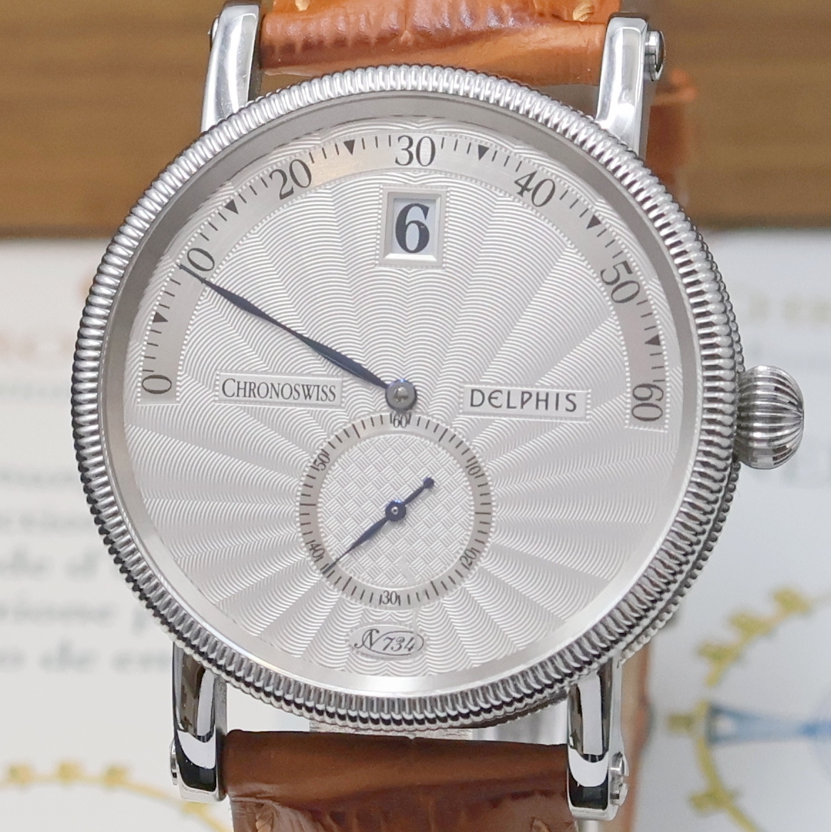 Detail a: CHRONOSWISS Delphis Herrenarmbanduhr in Edelstahl Referenz CH 1423, Schweiz um 2000, Automatik, beids. vergl. Geh., Boden geschr., neutr. Lederband ...