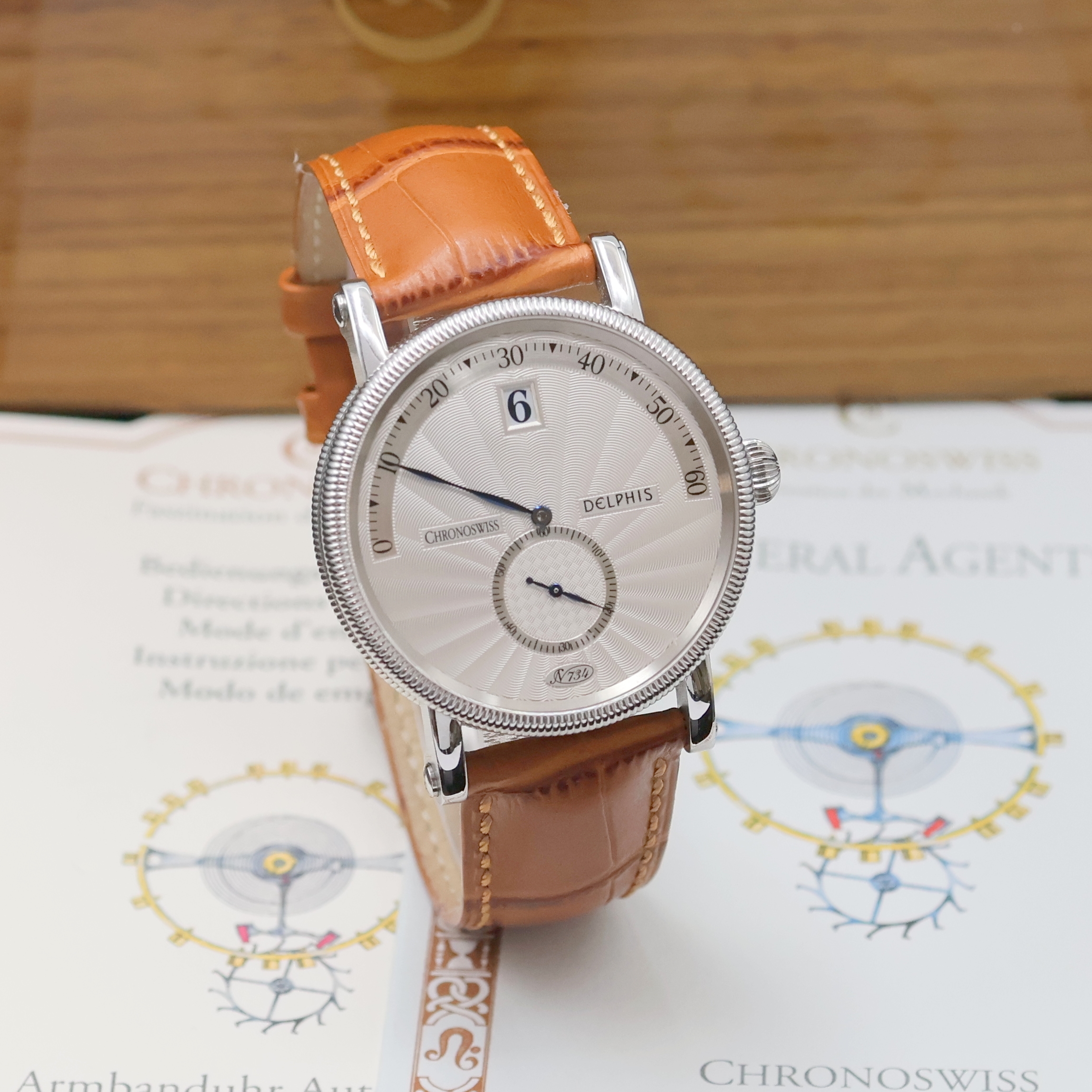 Detail b: CHRONOSWISS Delphis Herrenarmbanduhr in Edelstahl Referenz CH 1423, Schweiz um 2000, Automatik, beids. vergl. Geh., Boden geschr., neutr. Lederband ...